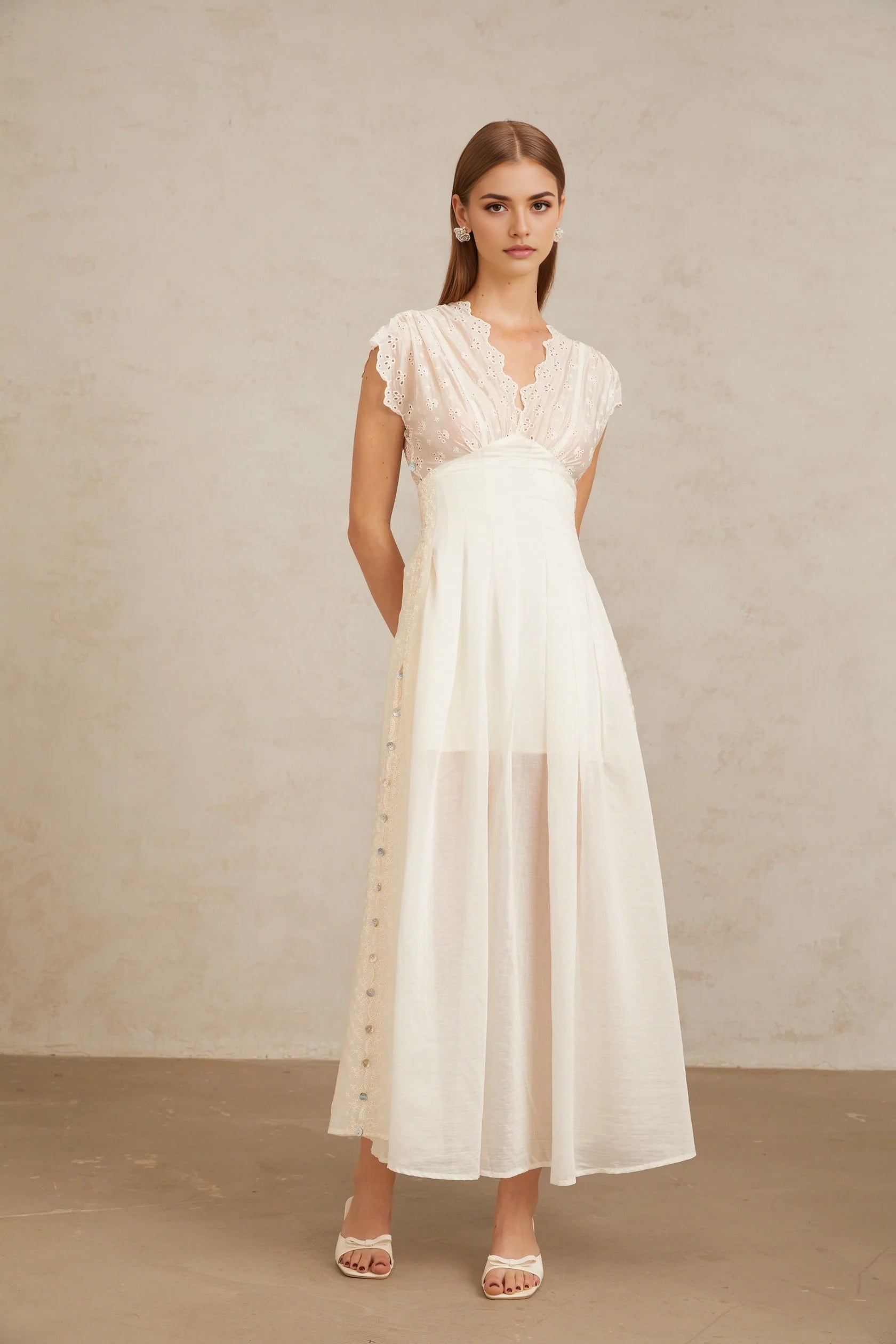 Ivory Eyelet Embroidered Maxi Dress with V - Neck White Embroidered Shirred Maxi Dress Evening Dress