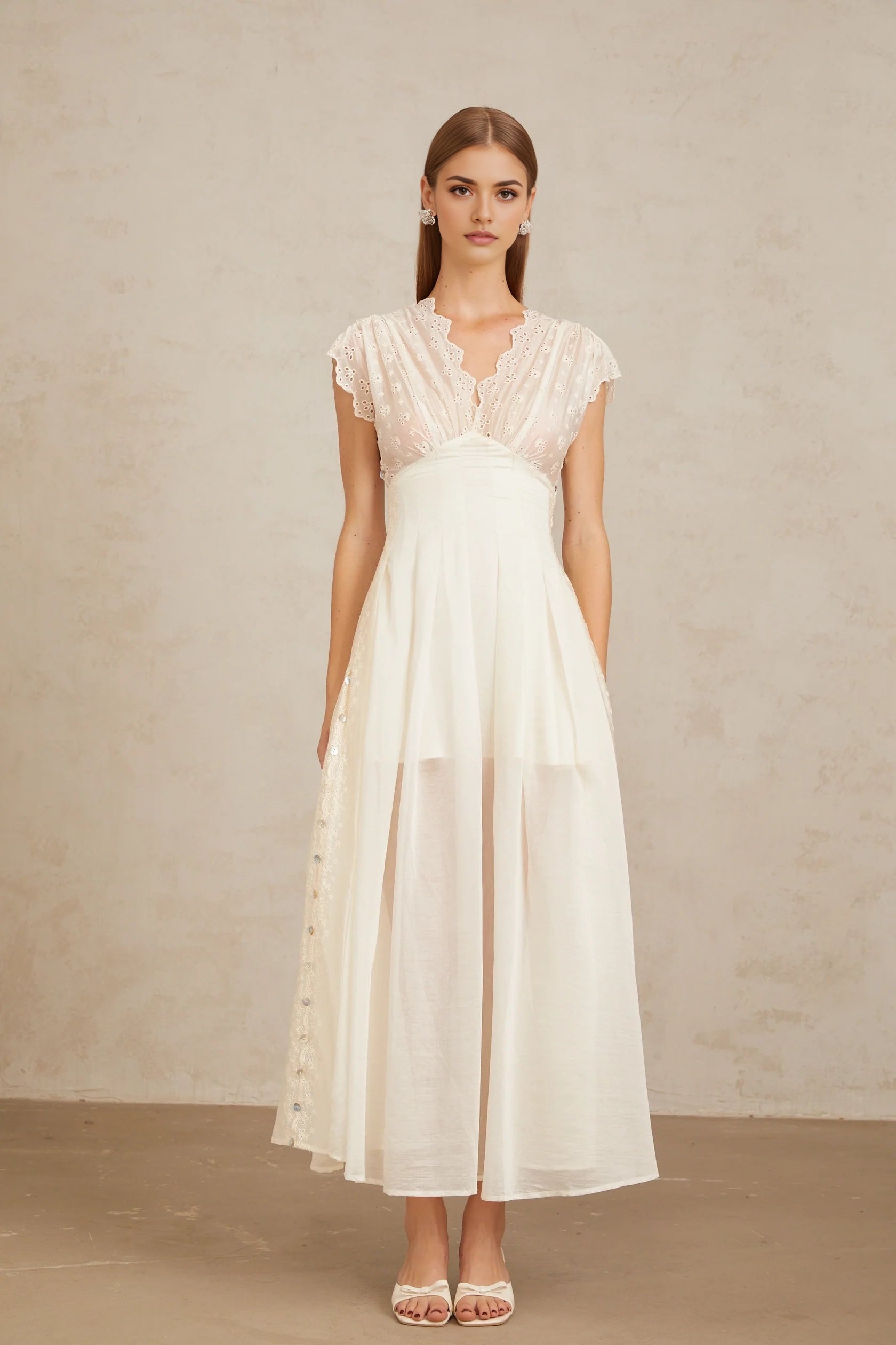 Ivory Eyelet Embroidered Maxi Dress with V - Neck White Embroidered Shirred Maxi Dress Evening Dress