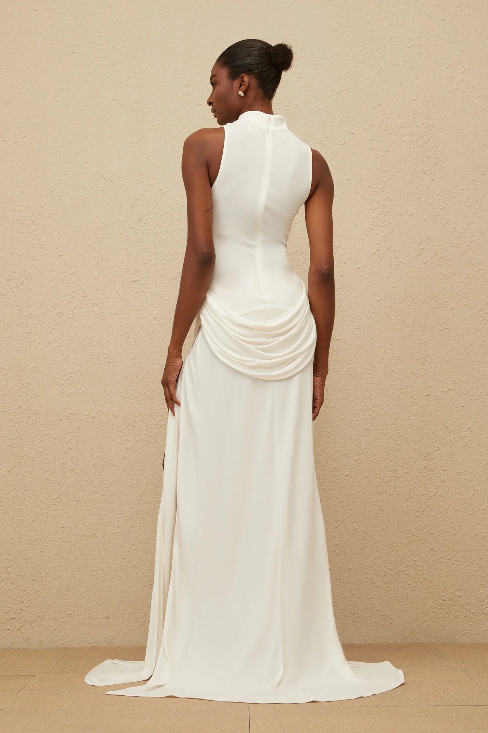 Ivory High Neck Maxi Dress with Draped Detail and Side Slit White Turtleneck Draped Maxi Dress Evening Dress