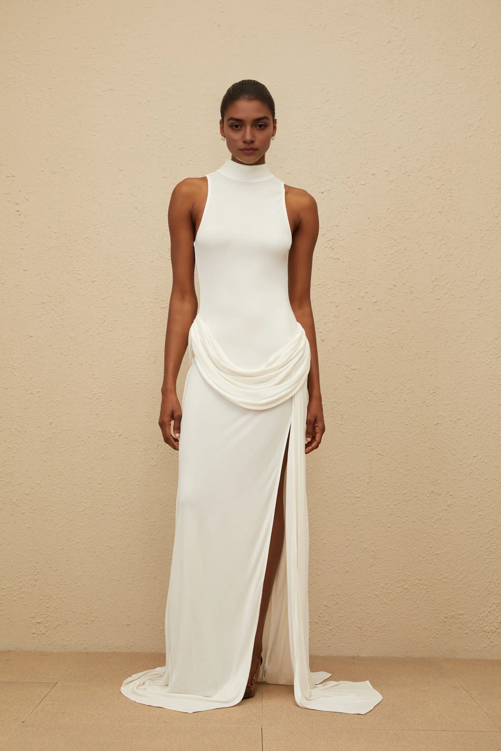 Ivory High Neck Maxi Dress with Draped Detail and Side Slit White Turtleneck Draped Maxi Dress Evening Dress
