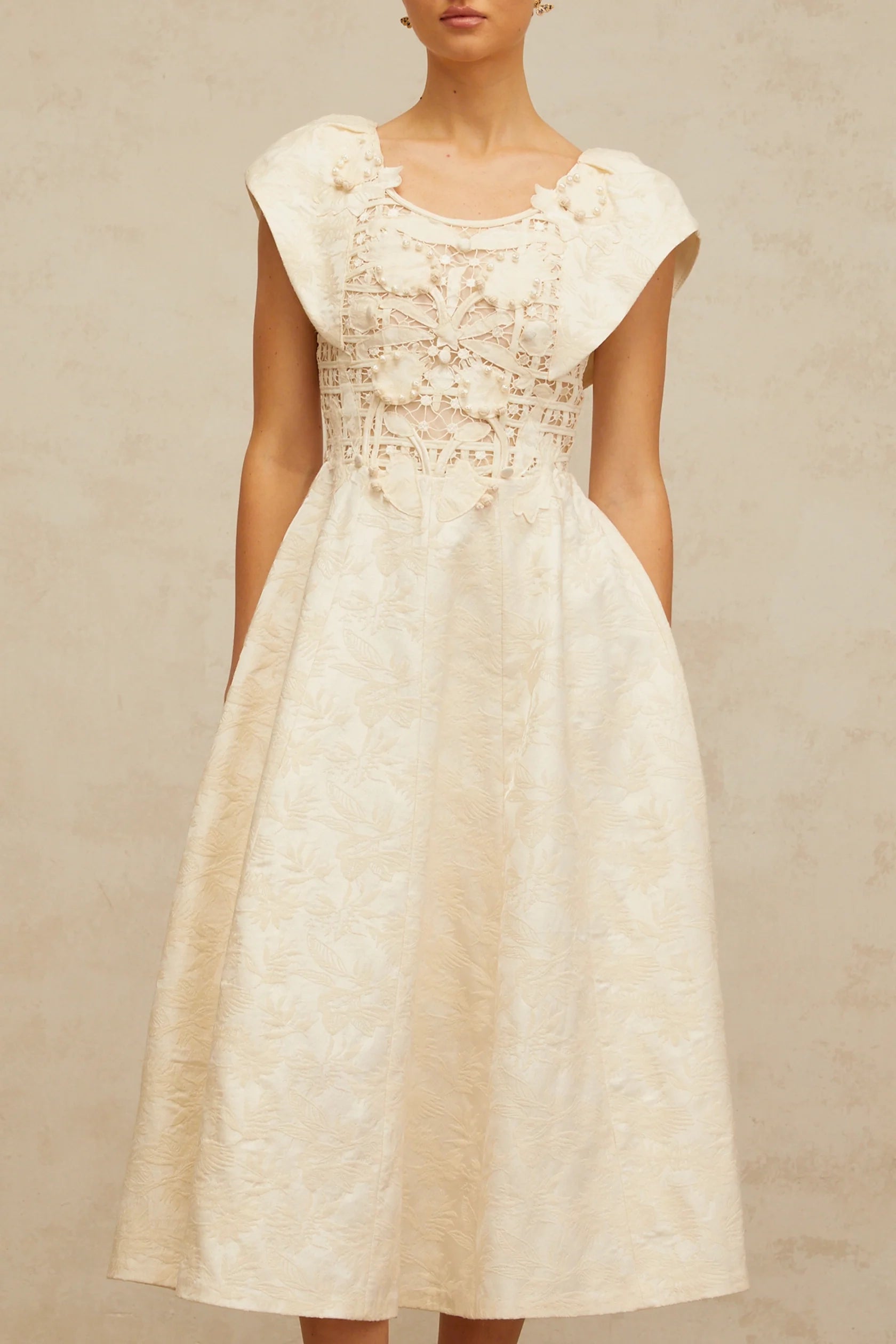 Ivory Lace - Detail Midi Dress with Floral Embroidery neutrals floral-embroidered embellished midi dress Evening Dress
