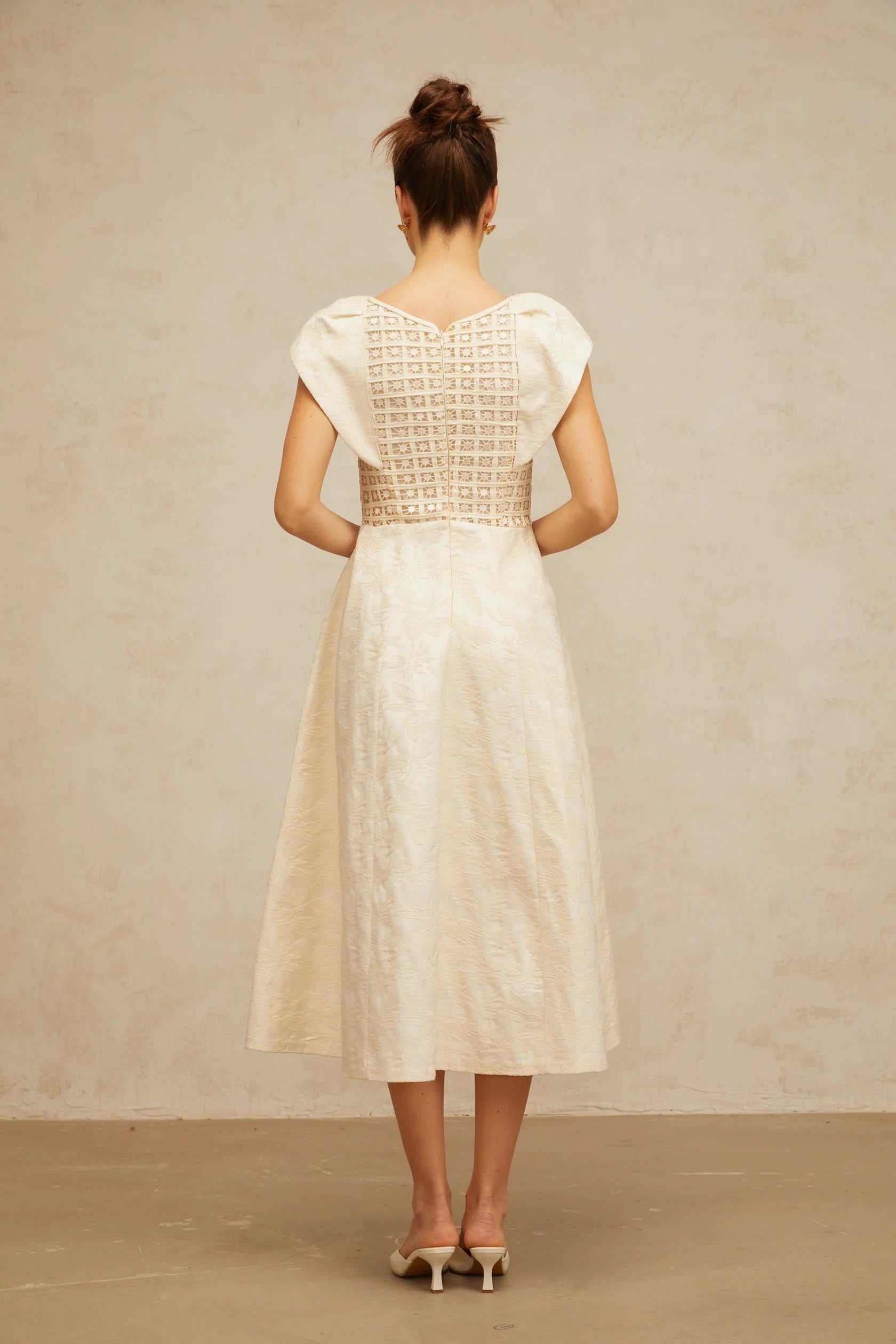 Ivory Lace - Detail Midi Dress with Floral Embroidery neutrals floral-embroidered embellished midi dress Evening Dress