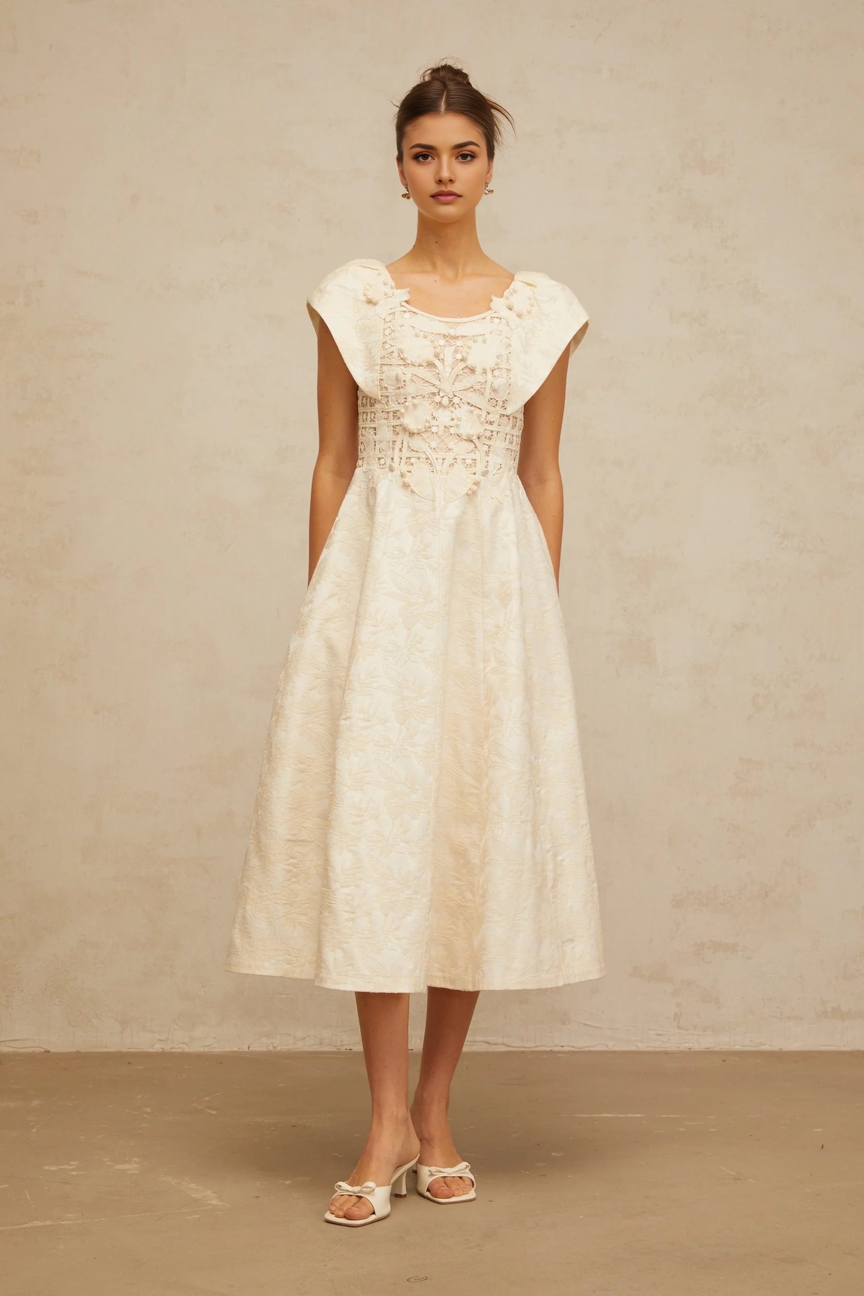 Ivory Lace - Detail Midi Dress with Floral Embroidery neutrals floral-embroidered embellished midi dress Evening Dress