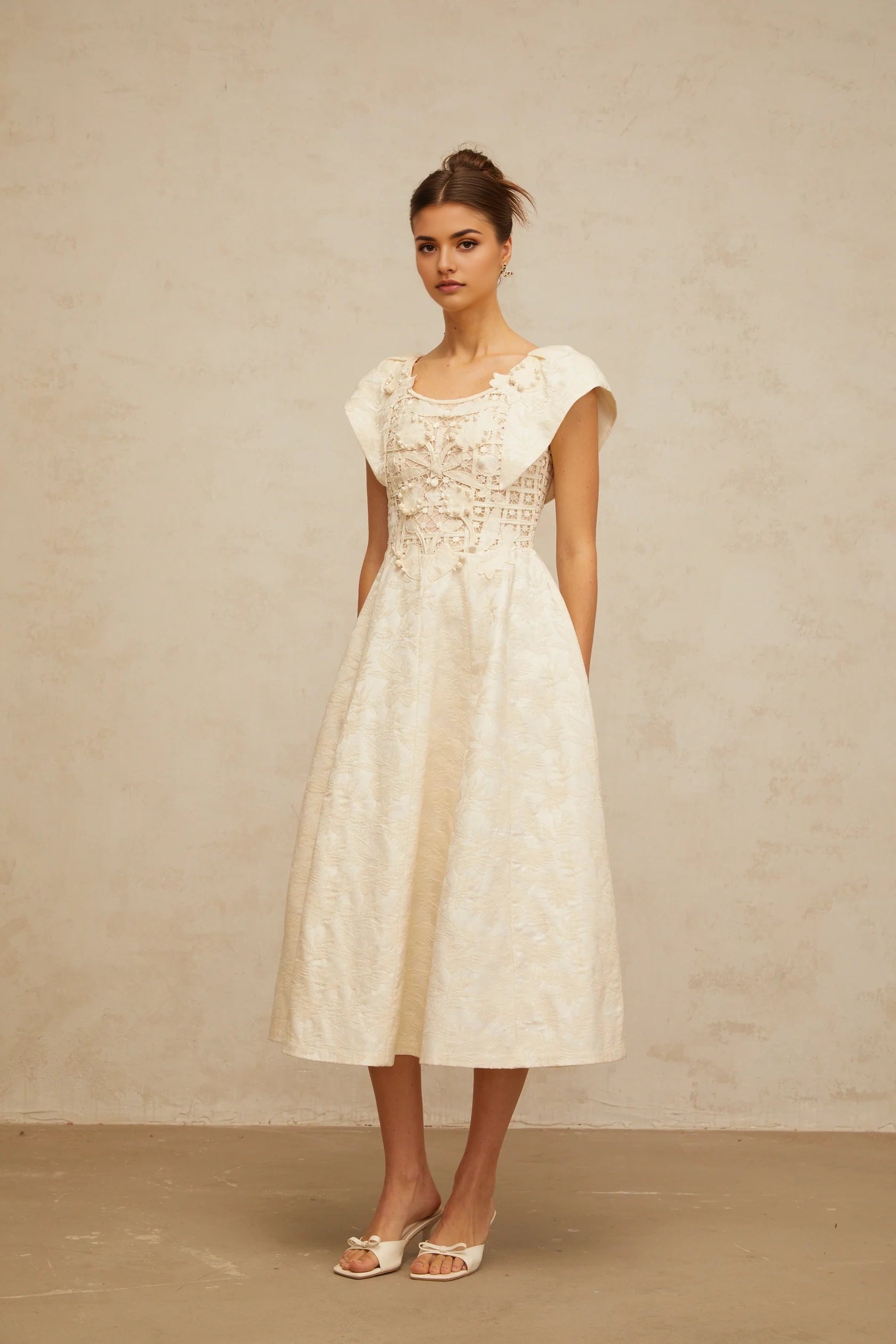 Ivory Lace - Detail Midi Dress with Floral Embroidery neutrals floral-embroidered embellished midi dress Evening Dress