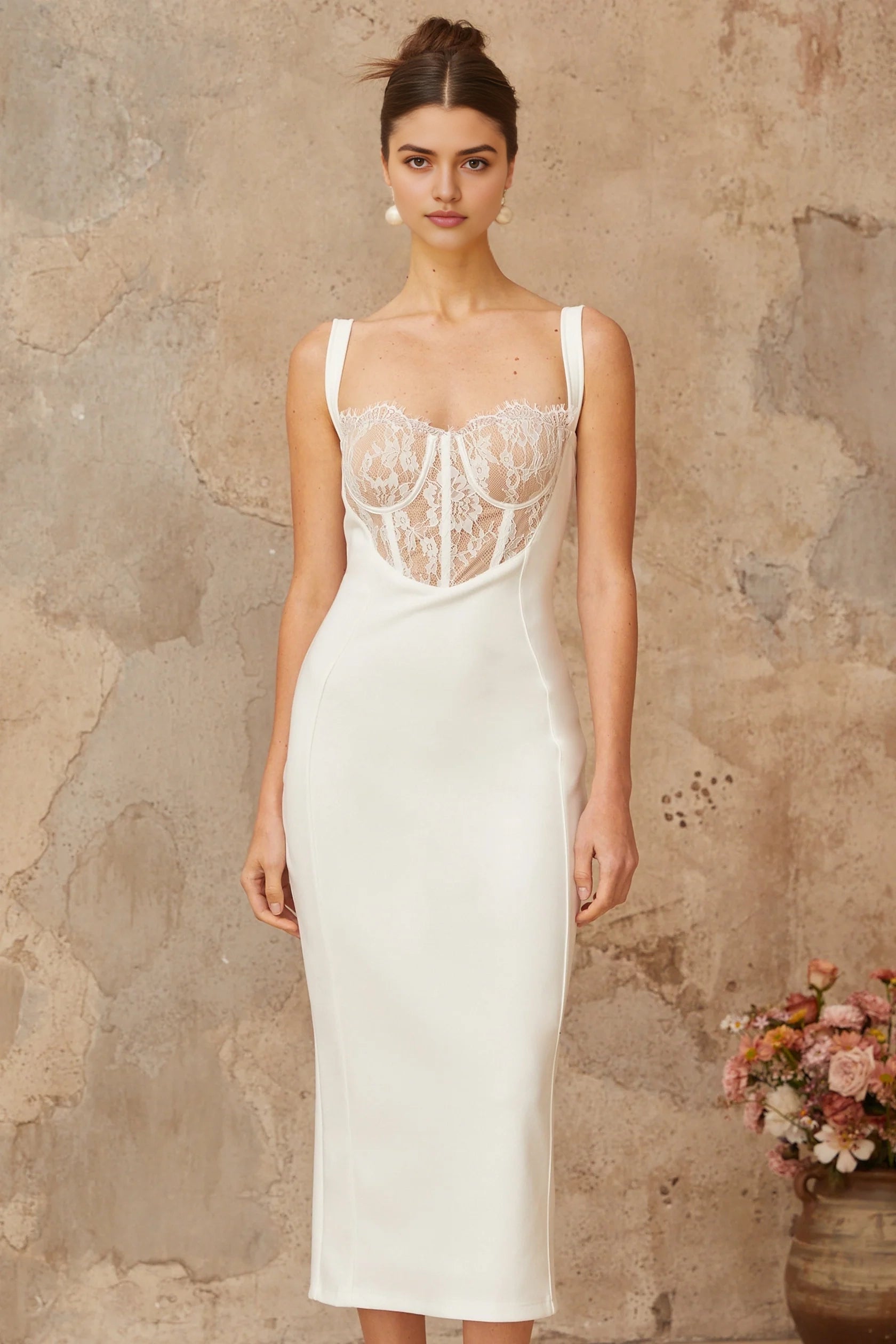 Ivory Lace - Detail Midi Dress with Spaghetti Straps Poema white lace-panel corset midi dress Evening Dress