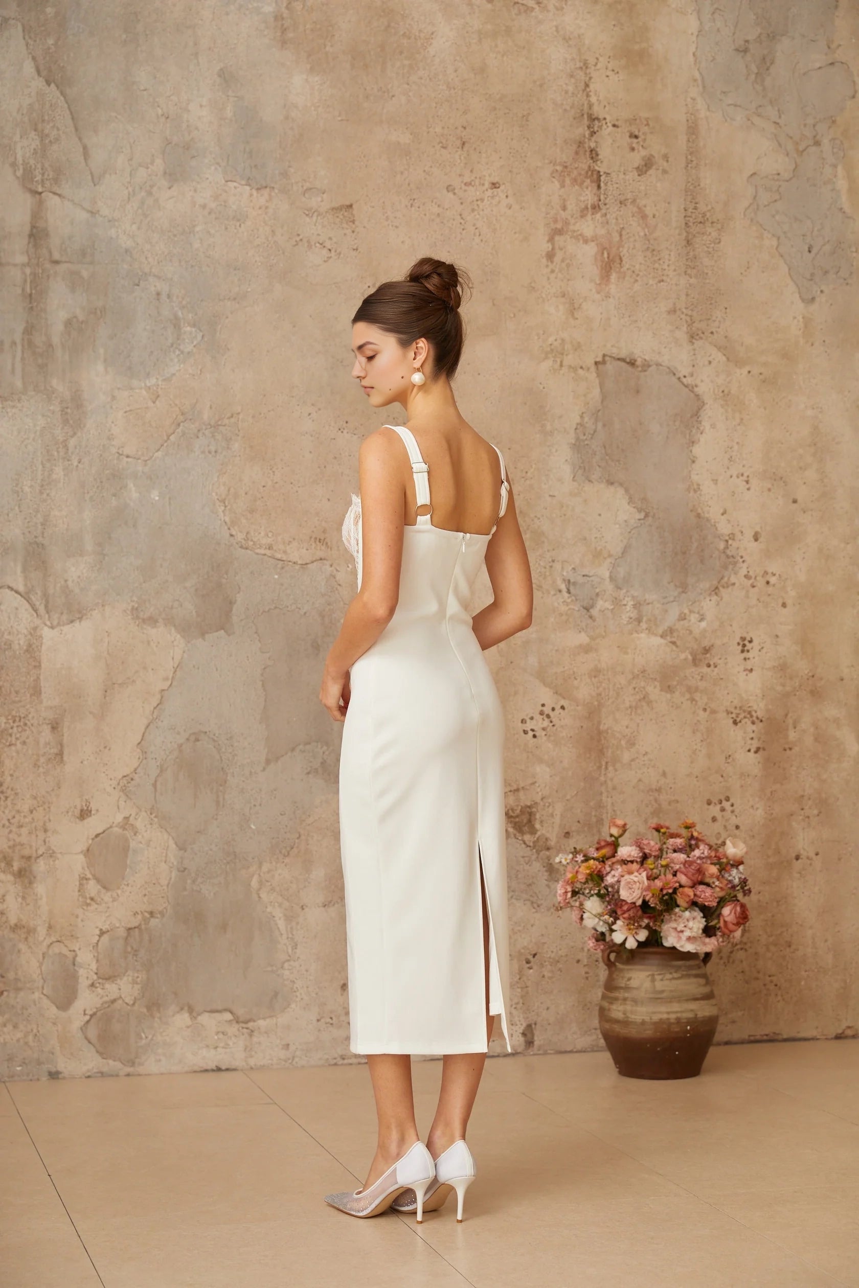 Ivory Lace - Detail Midi Dress with Spaghetti Straps Poema white lace-panel corset midi dress Evening Dress