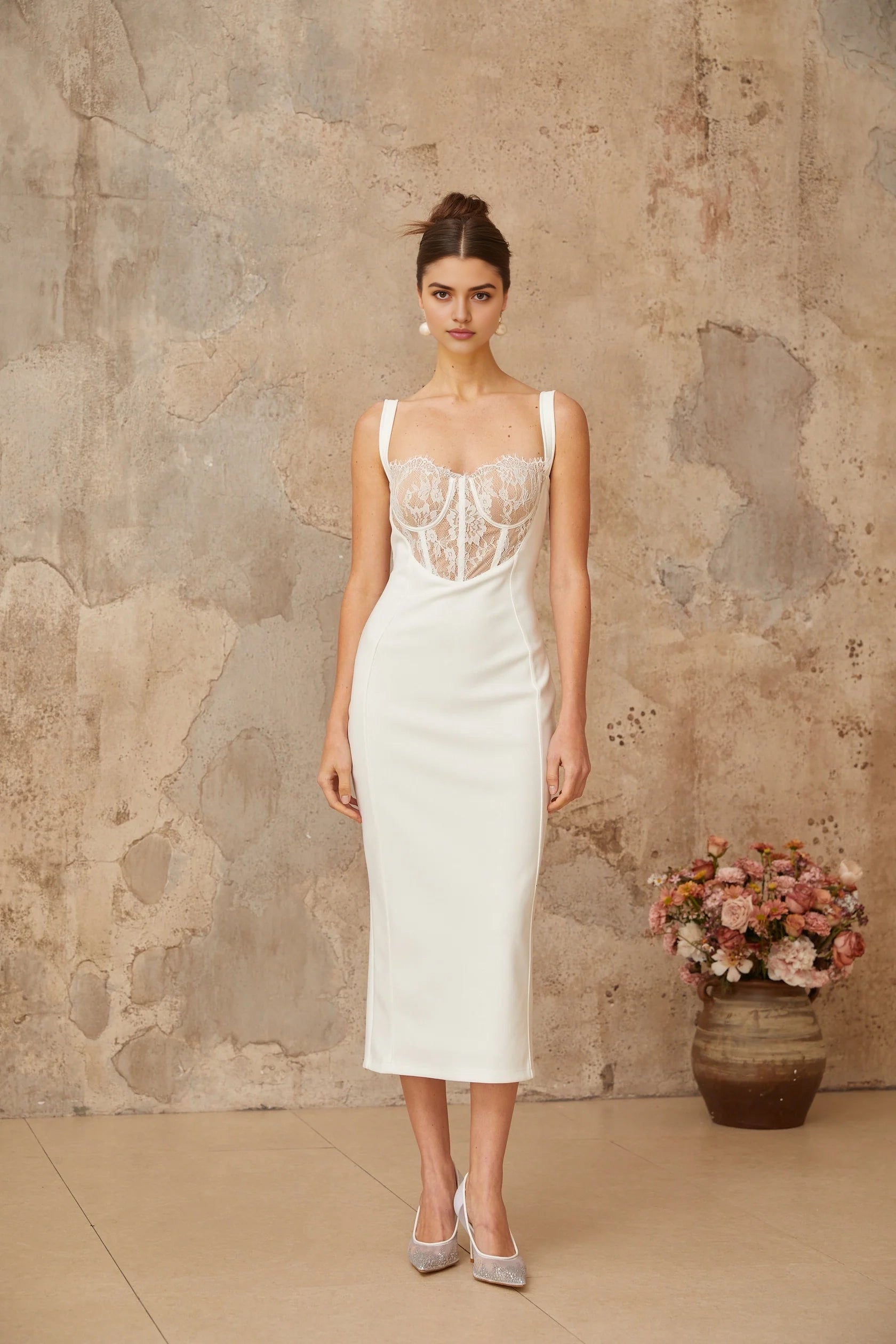 Ivory Lace - Detail Midi Dress with Spaghetti Straps Poema white lace-panel corset midi dress Evening Dress