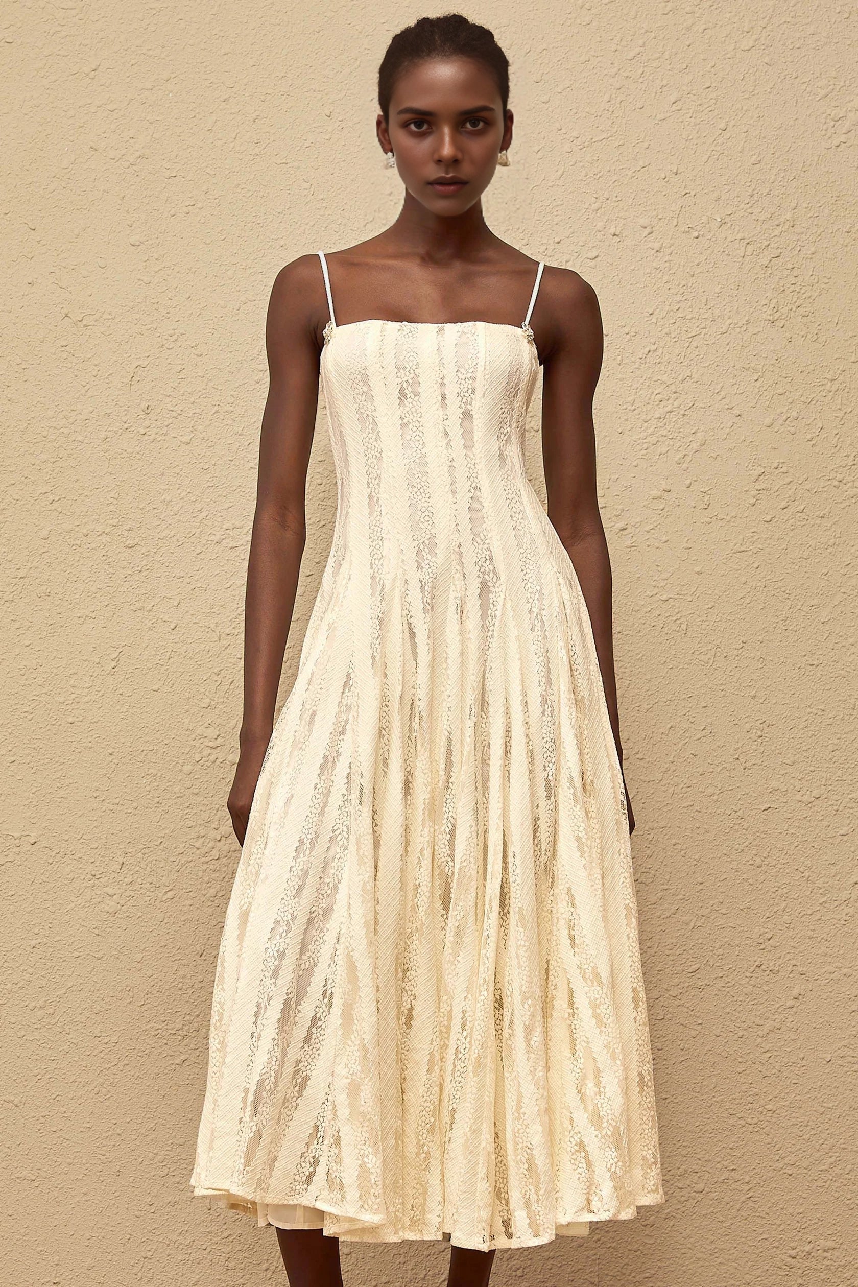 Ivory Lace Spaghetti Strap Dress White Pleated Lace Midi Dress Evening Dress