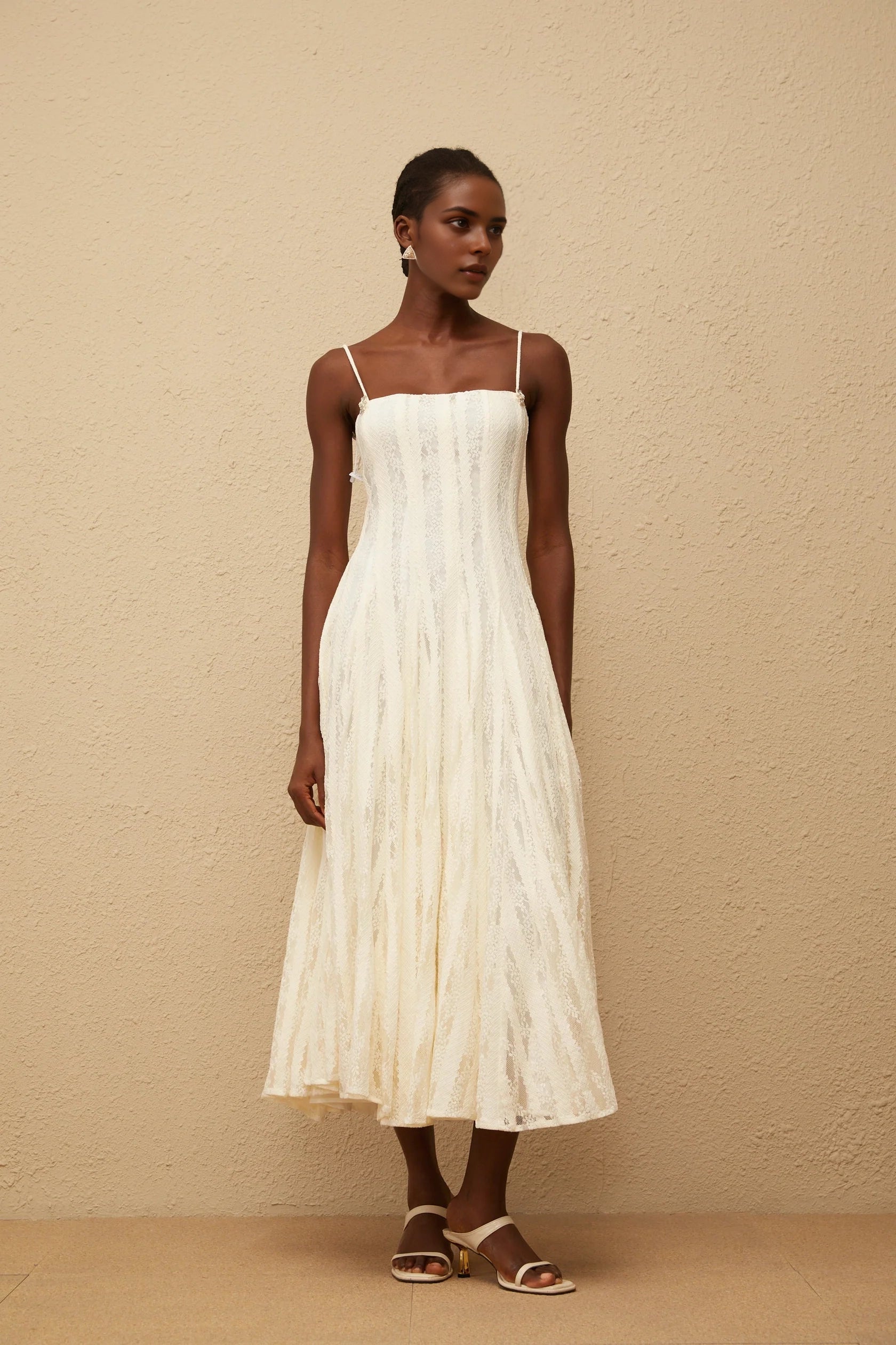 Ivory Lace Spaghetti Strap Dress White Pleated Lace Midi Dress Evening Dress