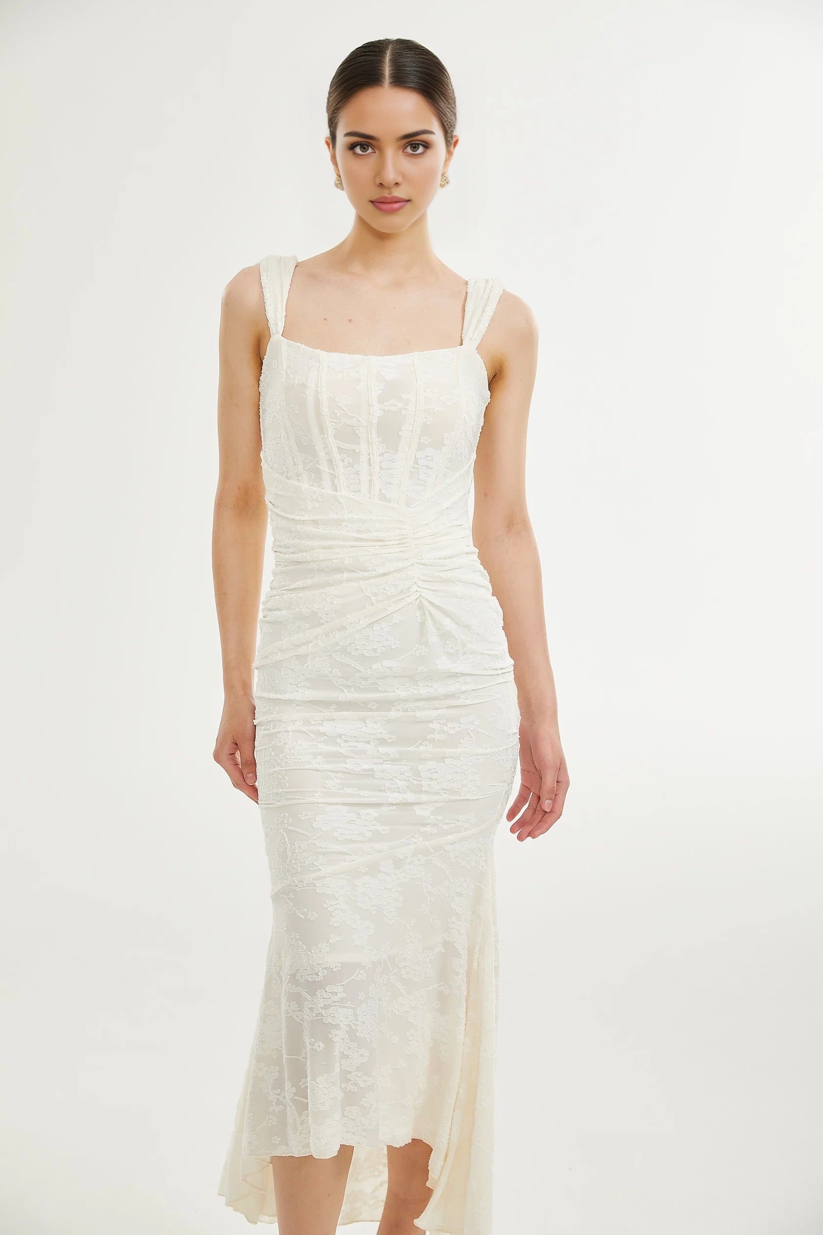 Ivory Lace Square Neck Midi Dress with Ruched Detail Charlotte floral jacquard maxi dress Evening Dress