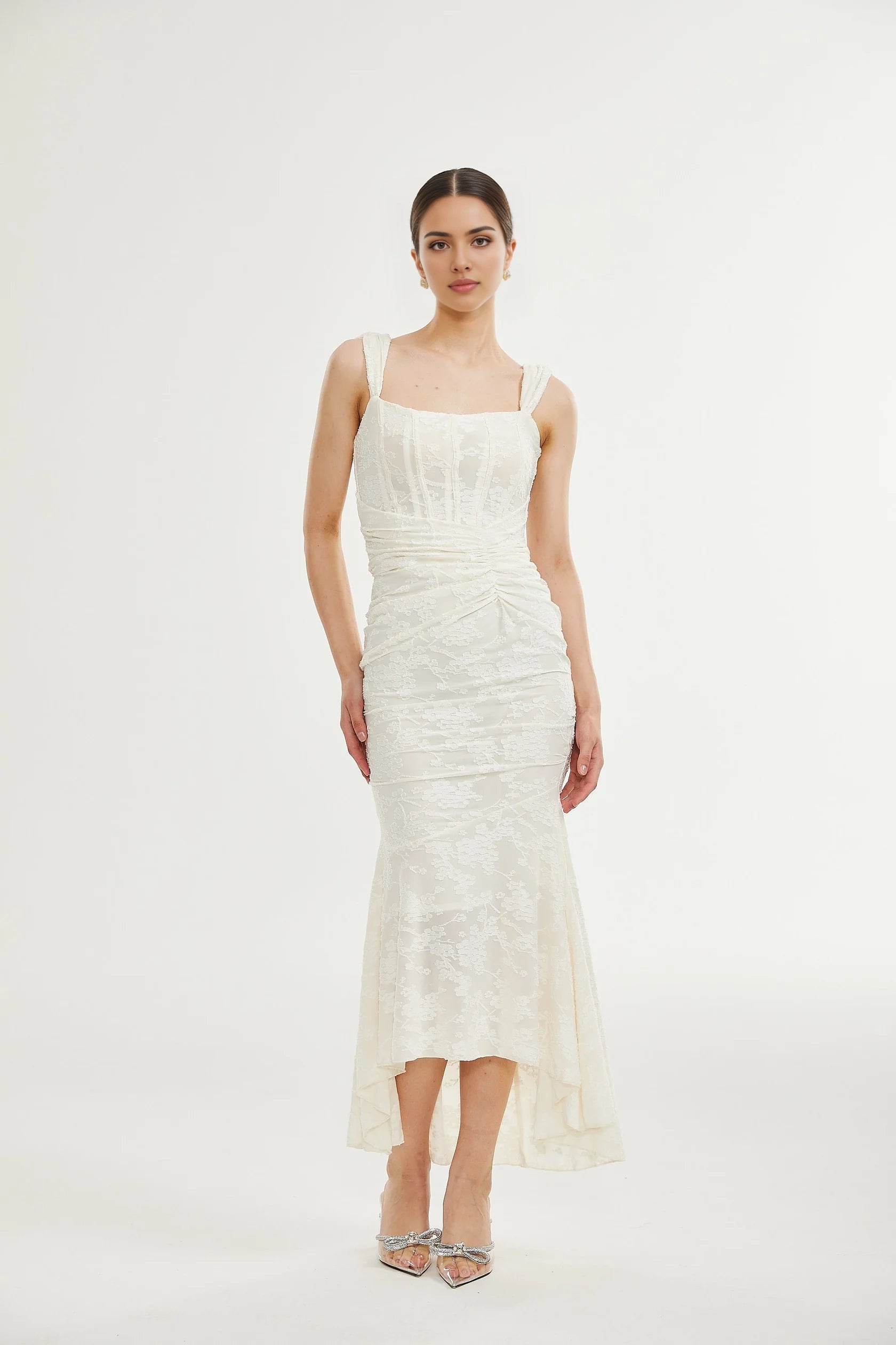 Ivory Lace Square Neck Midi Dress with Ruched Detail Charlotte floral jacquard maxi dress Evening Dress