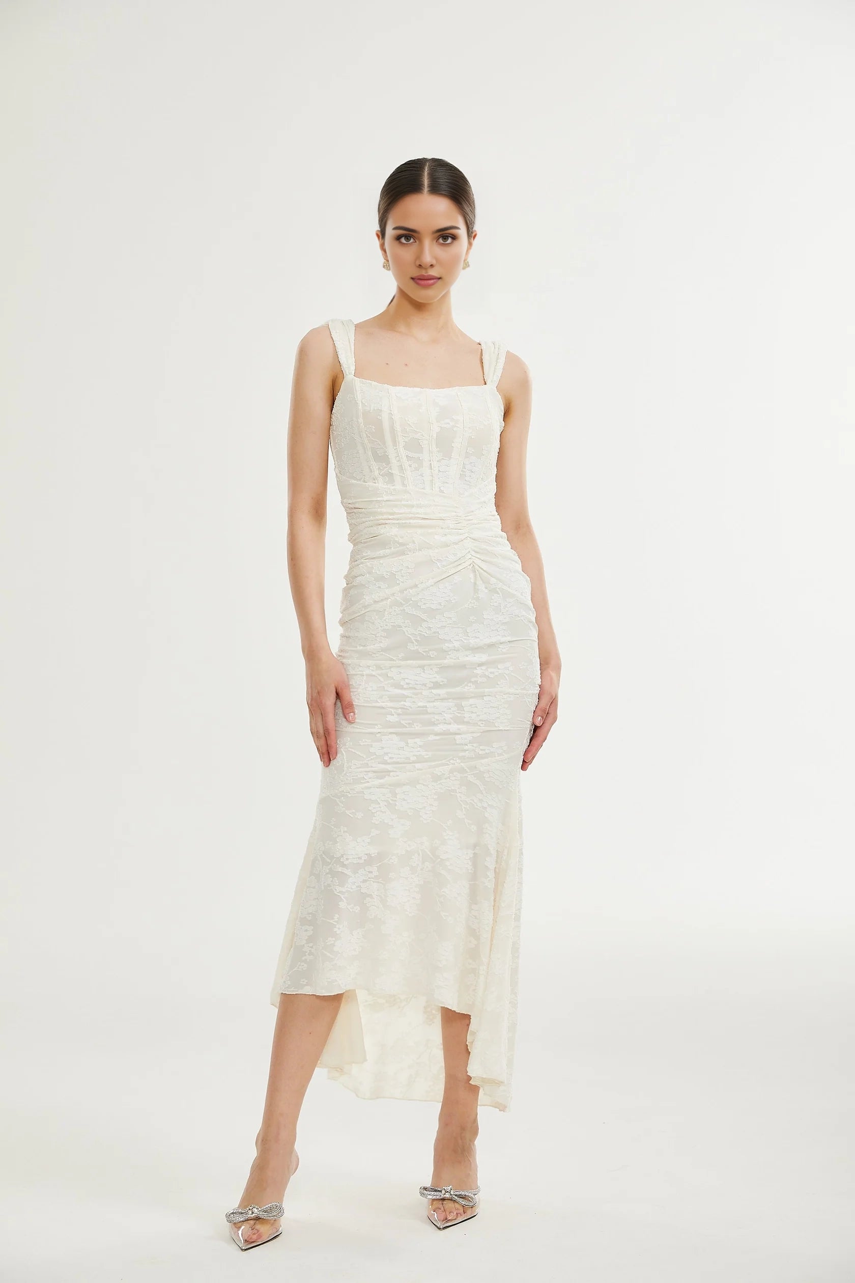 Ivory Lace Square Neck Midi Dress with Ruched Detail Charlotte floral jacquard maxi dress Evening Dress