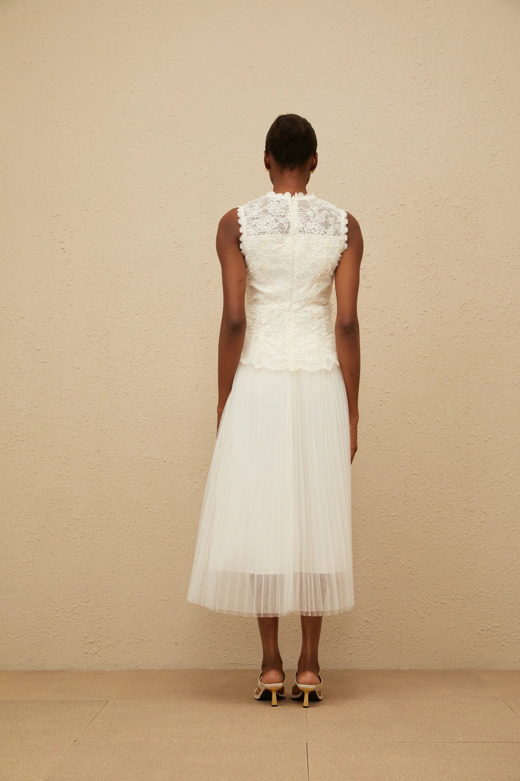 Ivory Lace Top Tulle Midi Dress Floral Lace Tulle Panel Midi Dress Evening Dress