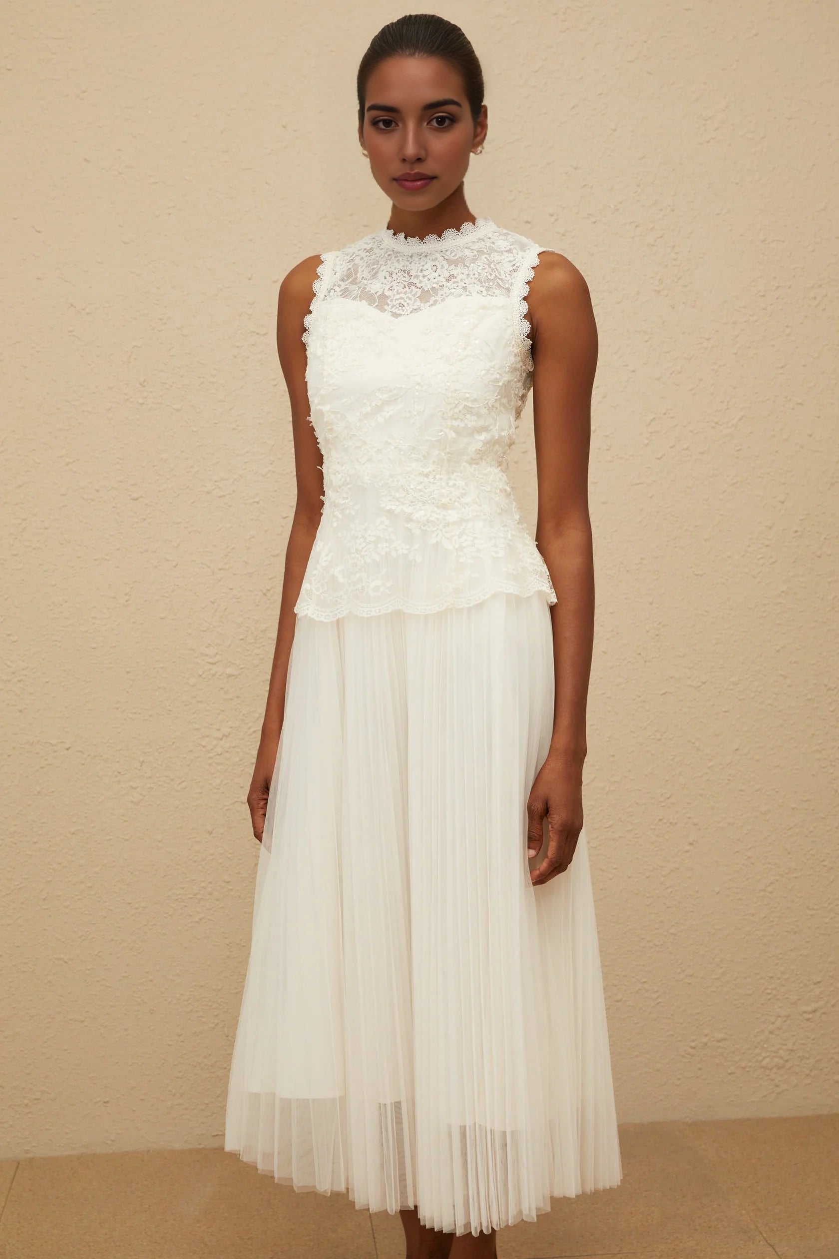 Ivory Lace Top Tulle Midi Dress Floral Lace Tulle Panel Midi Dress Evening Dress