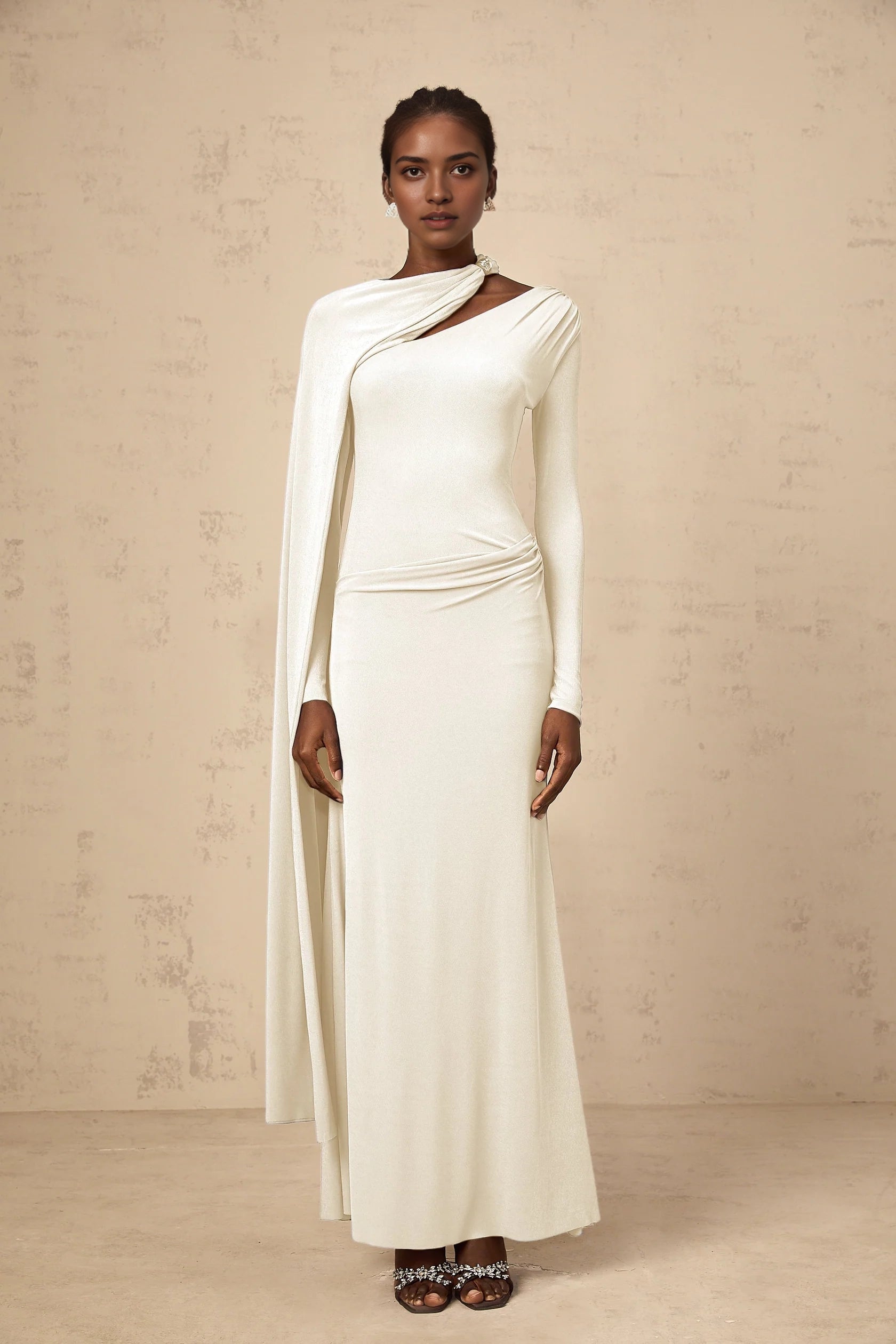 Ivory Long Sleeve Maxi Dress with Asymmetrical Cape Josette White Diagonal Shawl Fitted Maxi Dress Evening Dress