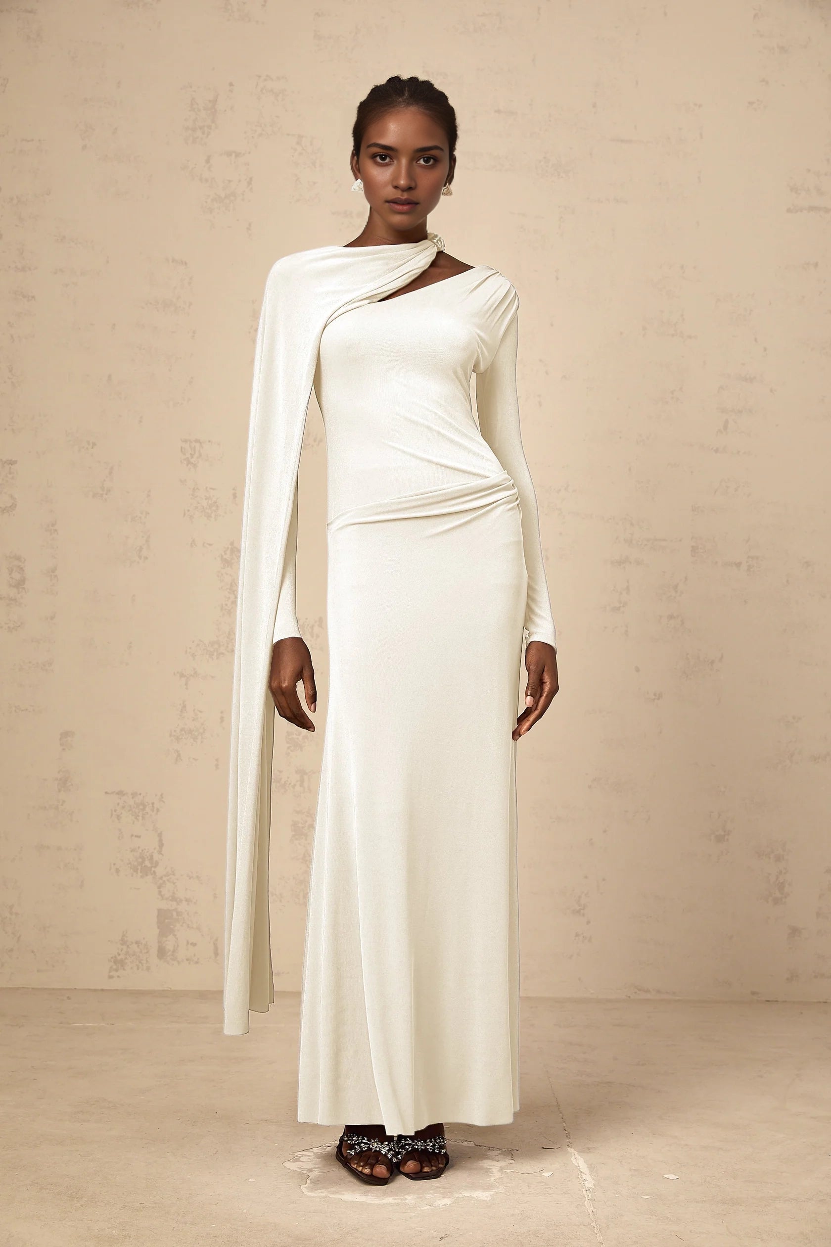 Ivory Long Sleeve Maxi Dress with Asymmetrical Cape Josette White Diagonal Shawl Fitted Maxi Dress Evening Dress