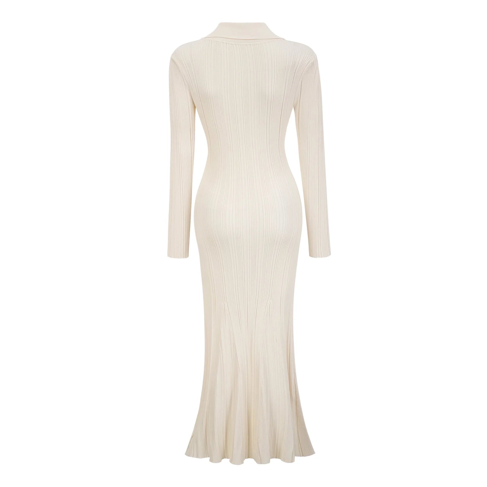 white mermaid-hem knit midi dress Ivory Long Sleeve Ribbed Maxi Dress with Pocket Details Evening Dress