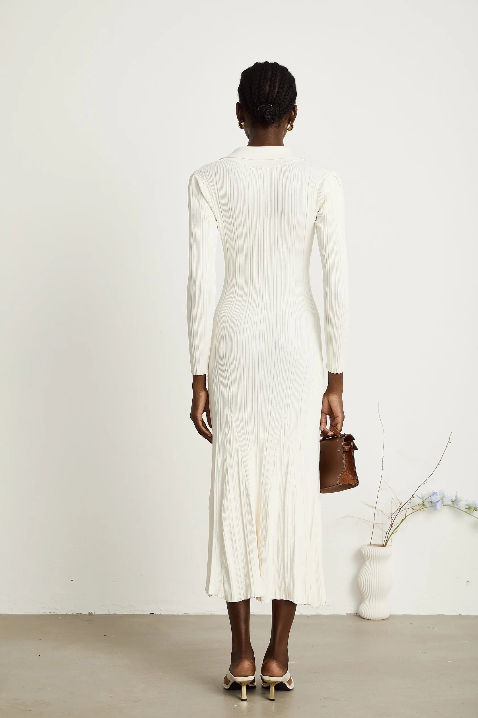 white mermaid-hem knit midi dress Ivory Long Sleeve Ribbed Maxi Dress with Pocket Details Evening Dress