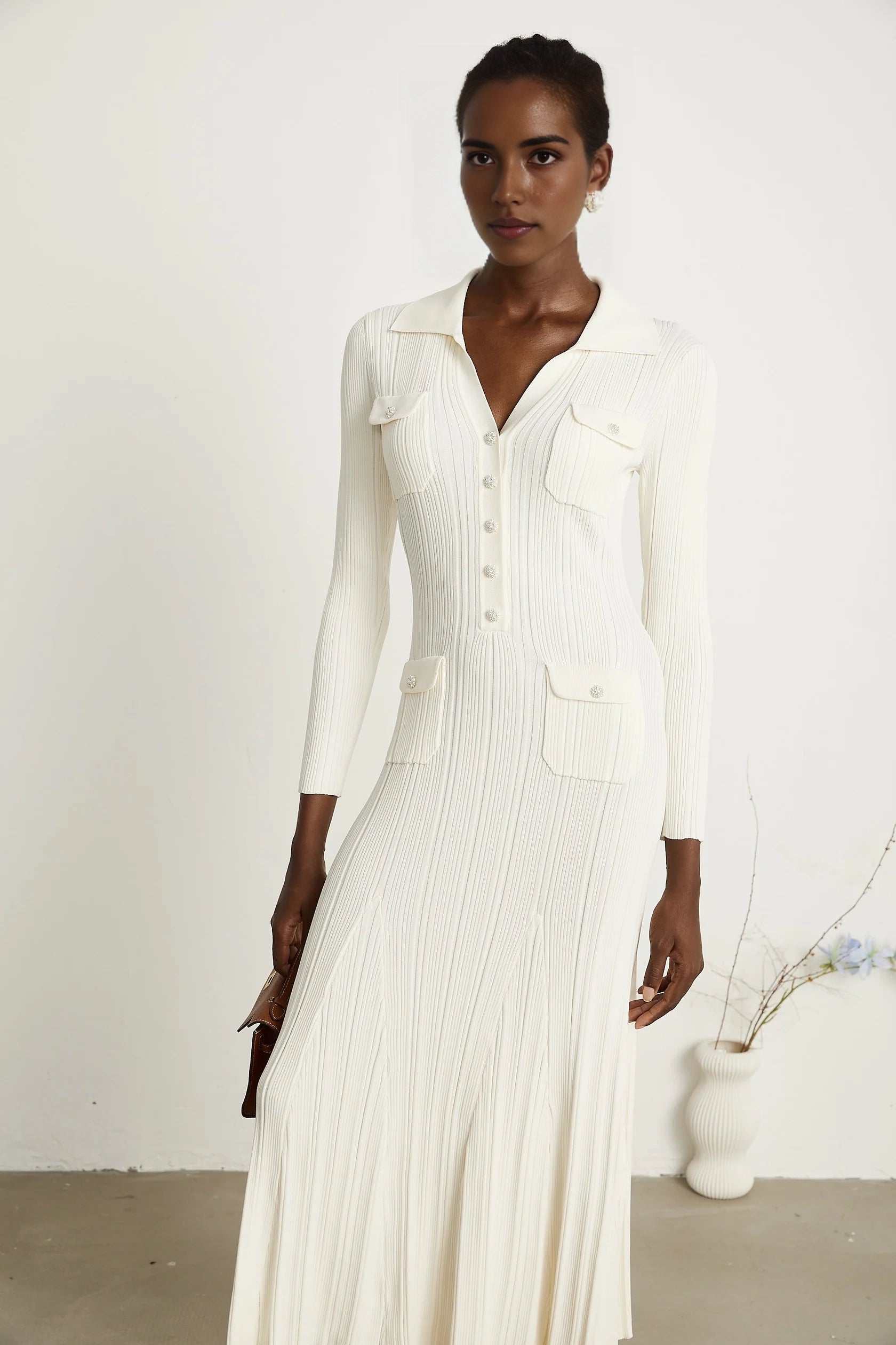 white mermaid-hem knit midi dress Ivory Long Sleeve Ribbed Maxi Dress with Pocket Details Evening Dress