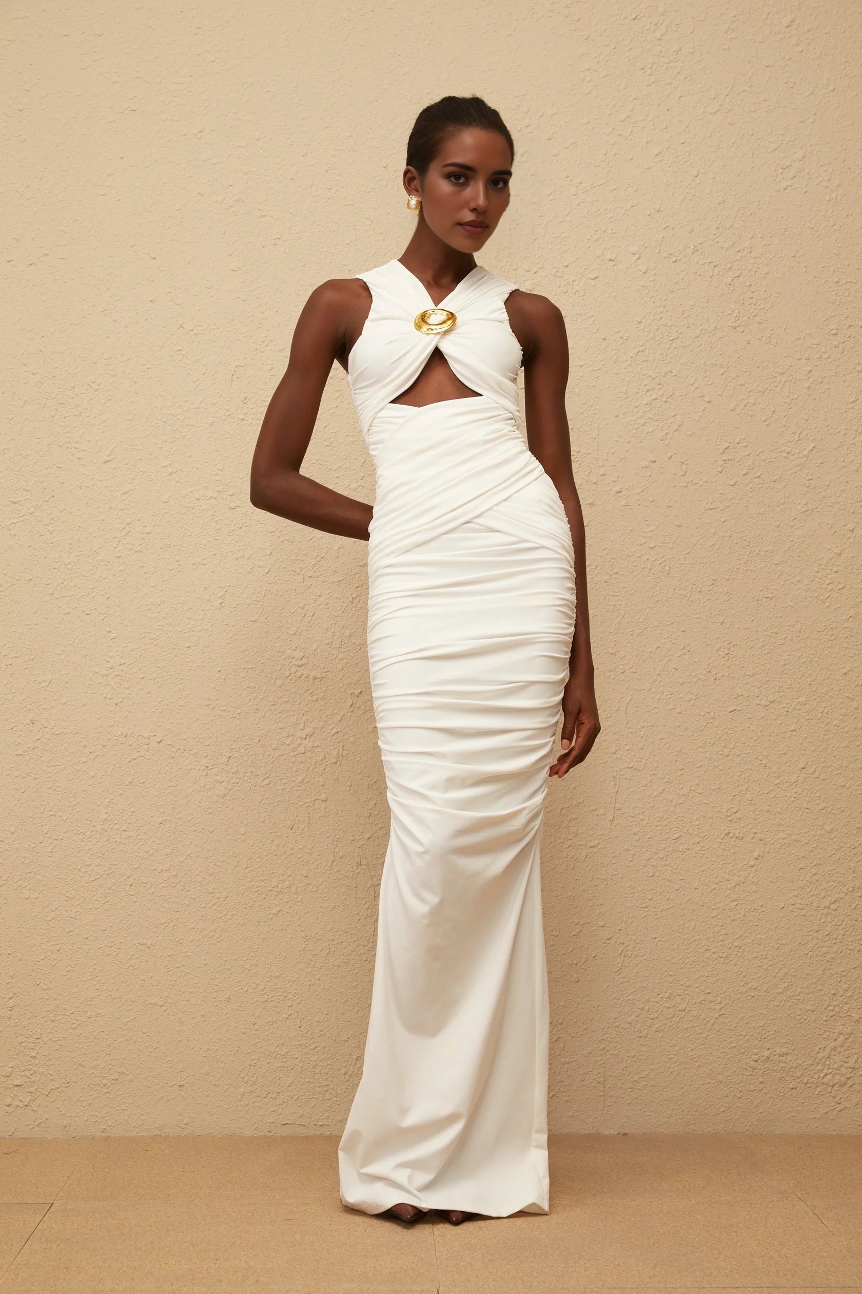 Ivory Ruched Cutout Maxi Dress with Gold Accent White Ruched Corset Maxi Dress Evening Dress