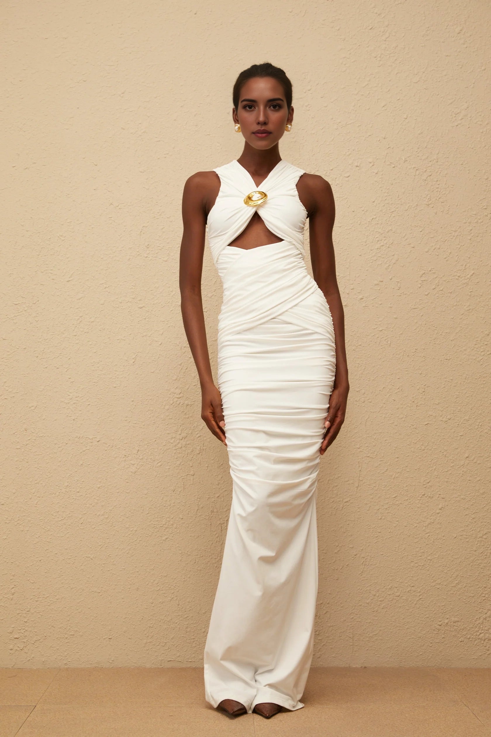 Ivory Ruched Cutout Maxi Dress with Gold Accent White Ruched Corset Maxi Dress Evening Dress