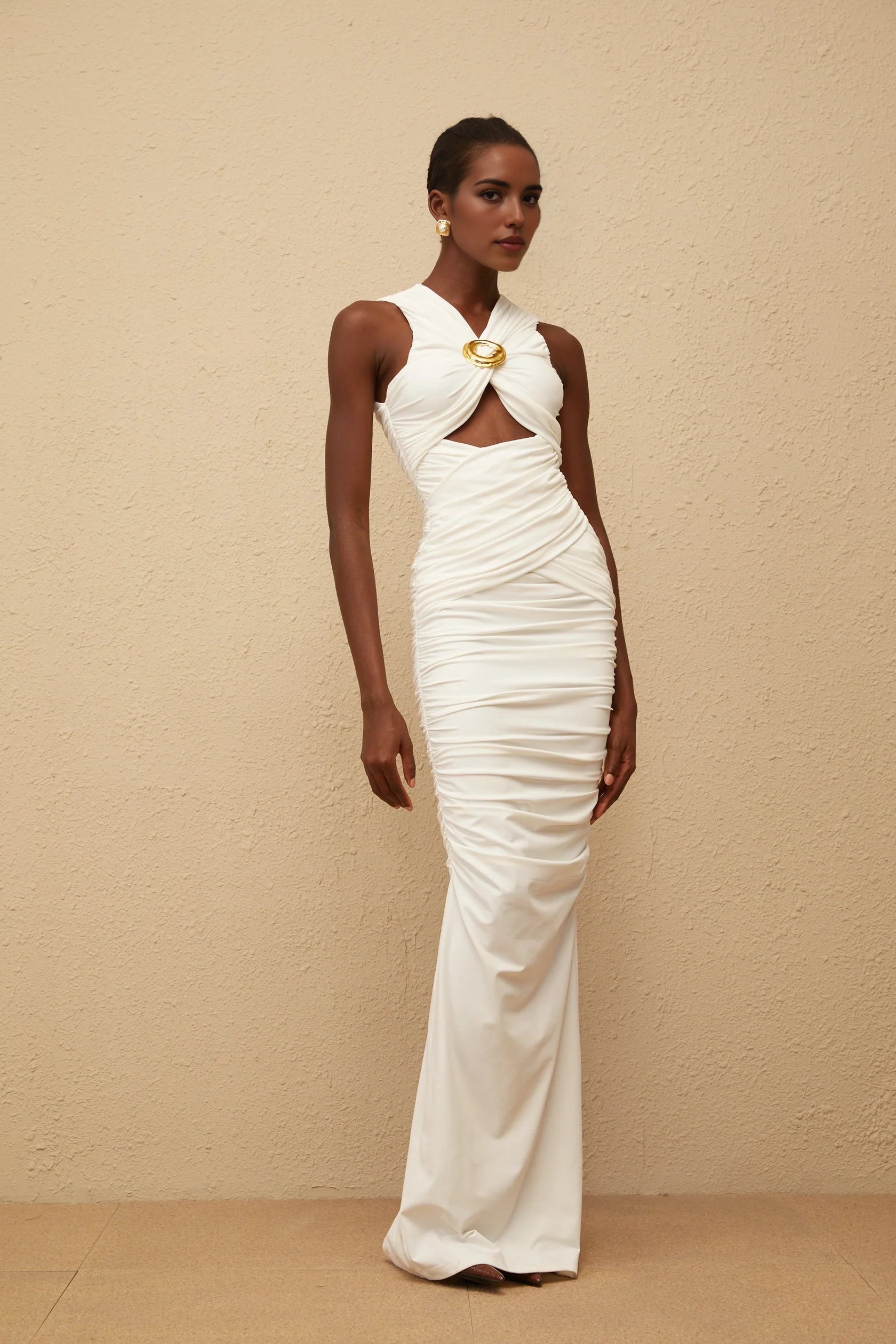 Ivory Ruched Cutout Maxi Dress with Gold Accent White Ruched Corset Maxi Dress Evening Dress