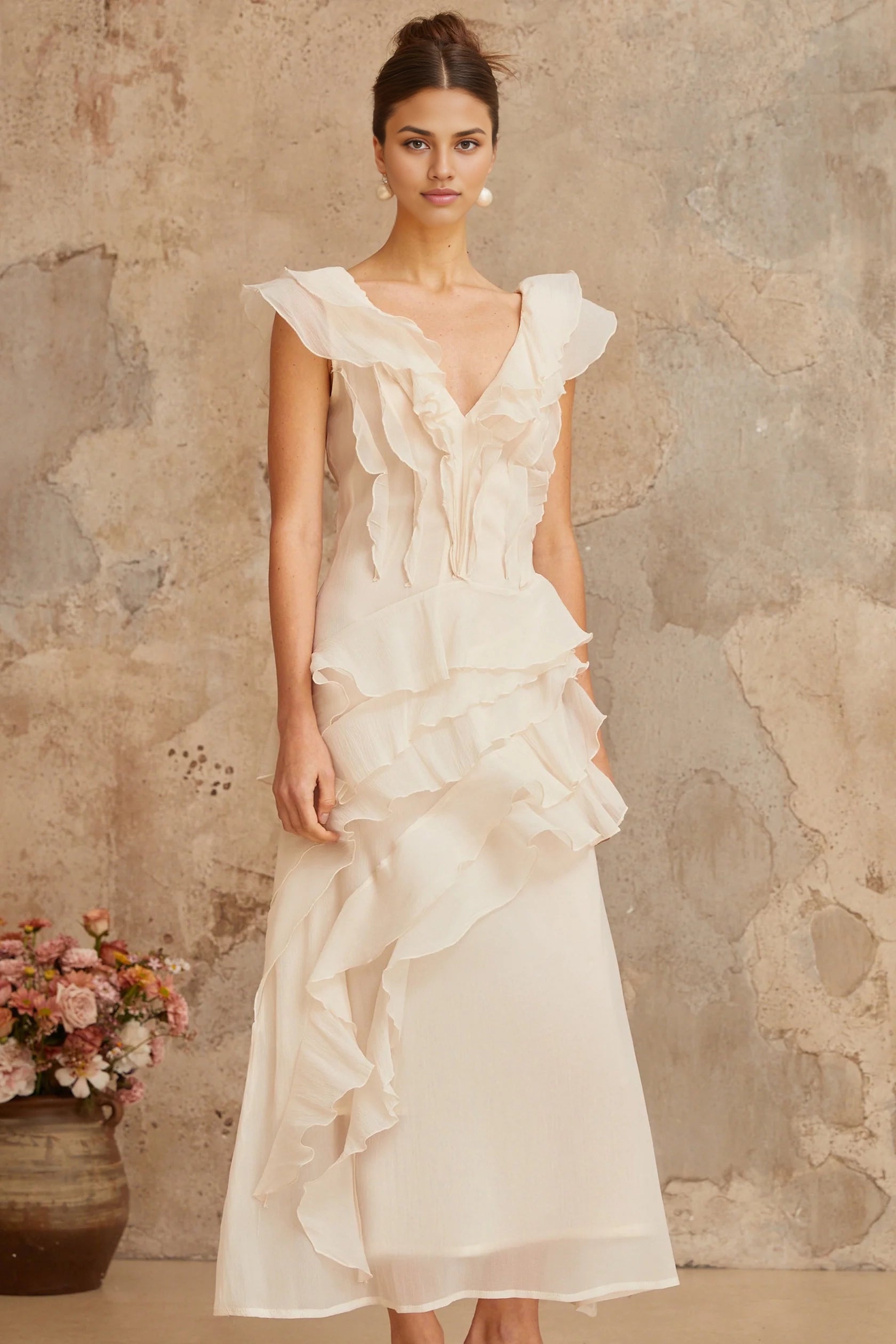 Ivory Ruffled V - Neck Maxi Dress faux-flower layered ruffled maxi dress Evening Dress