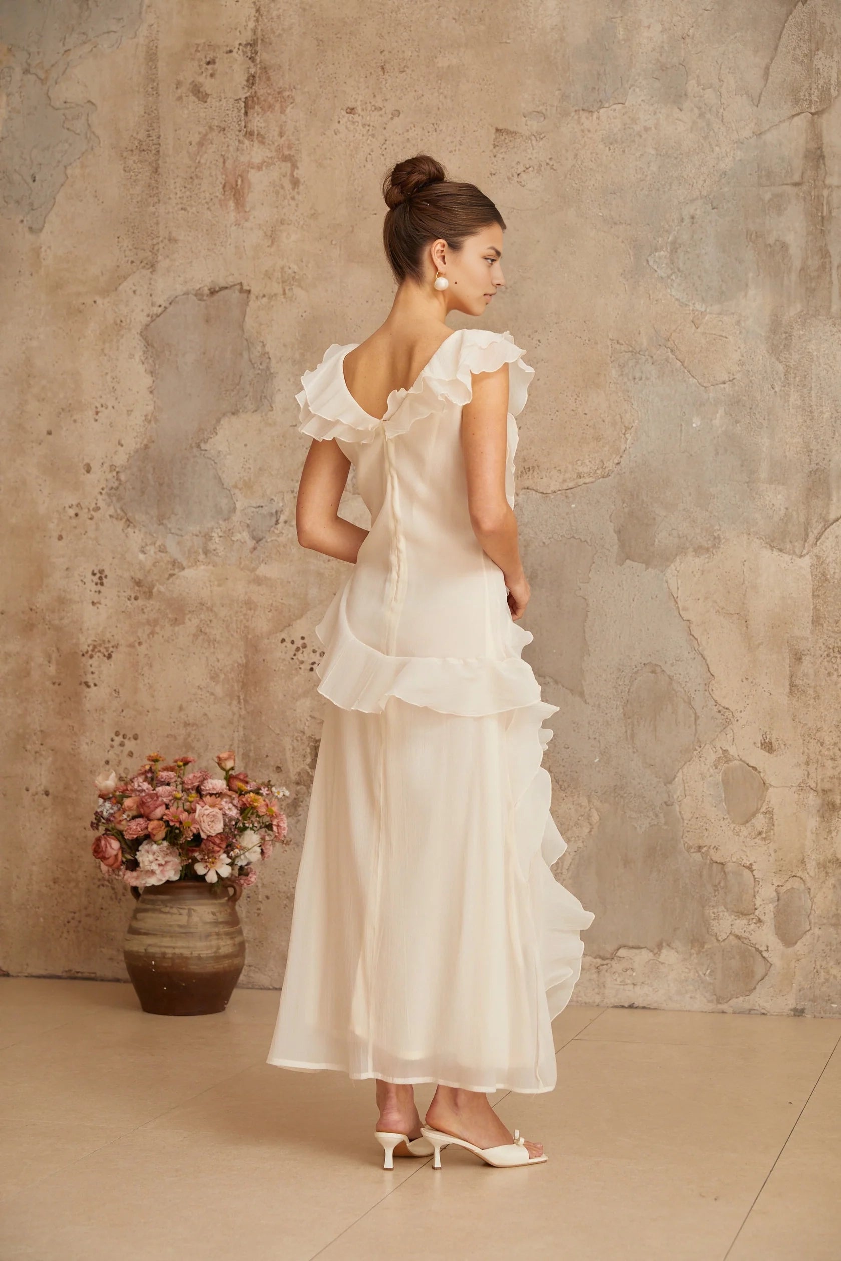 Ivory Ruffled V - Neck Maxi Dress faux-flower layered ruffled maxi dress Evening Dress