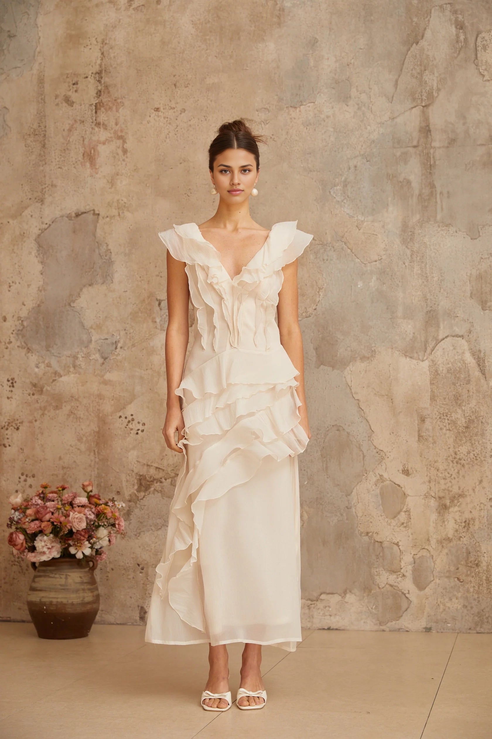 Ivory Ruffled V - Neck Maxi Dress faux-flower layered ruffled maxi dress Evening Dress