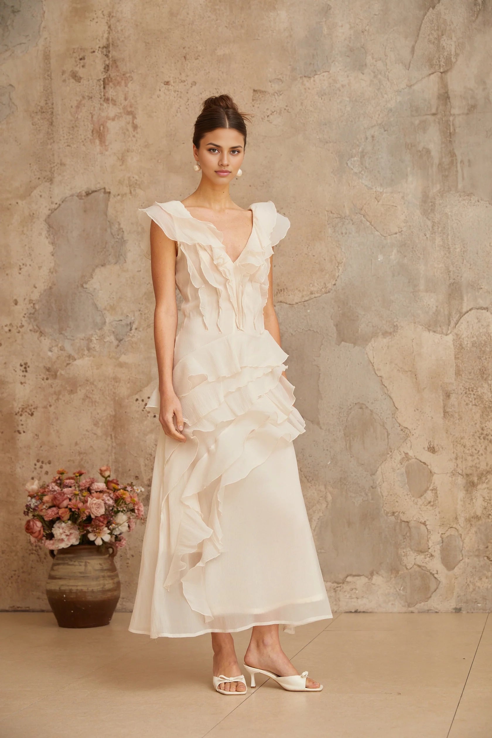 Ivory Ruffled V - Neck Maxi Dress faux-flower layered ruffled maxi dress Evening Dress