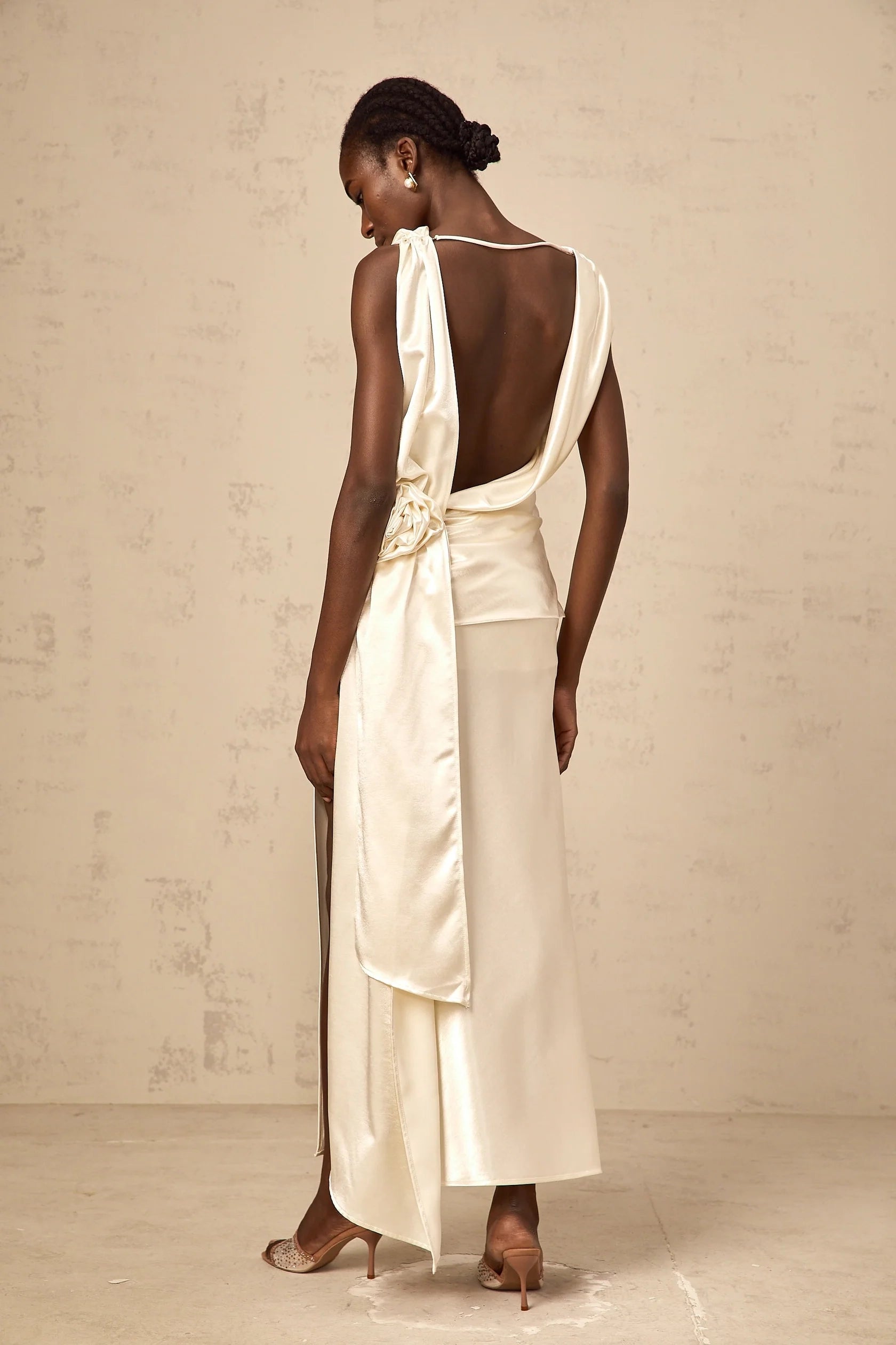 Ivory Satin Open - Back Maxi Dress with Side Slit white flower backless satin midi dress