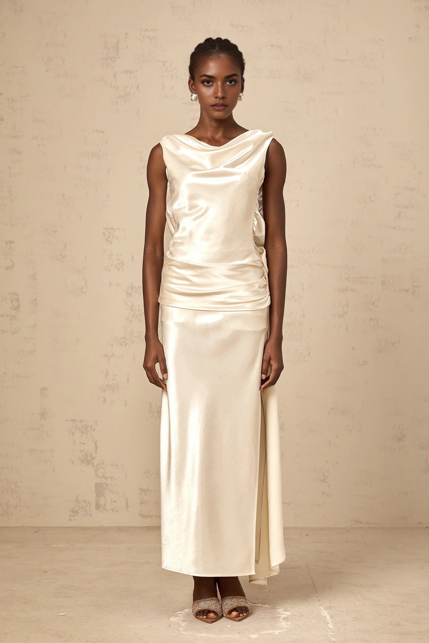 Ivory Satin Open - Back Maxi Dress with Side Slit white flower backless satin midi dress