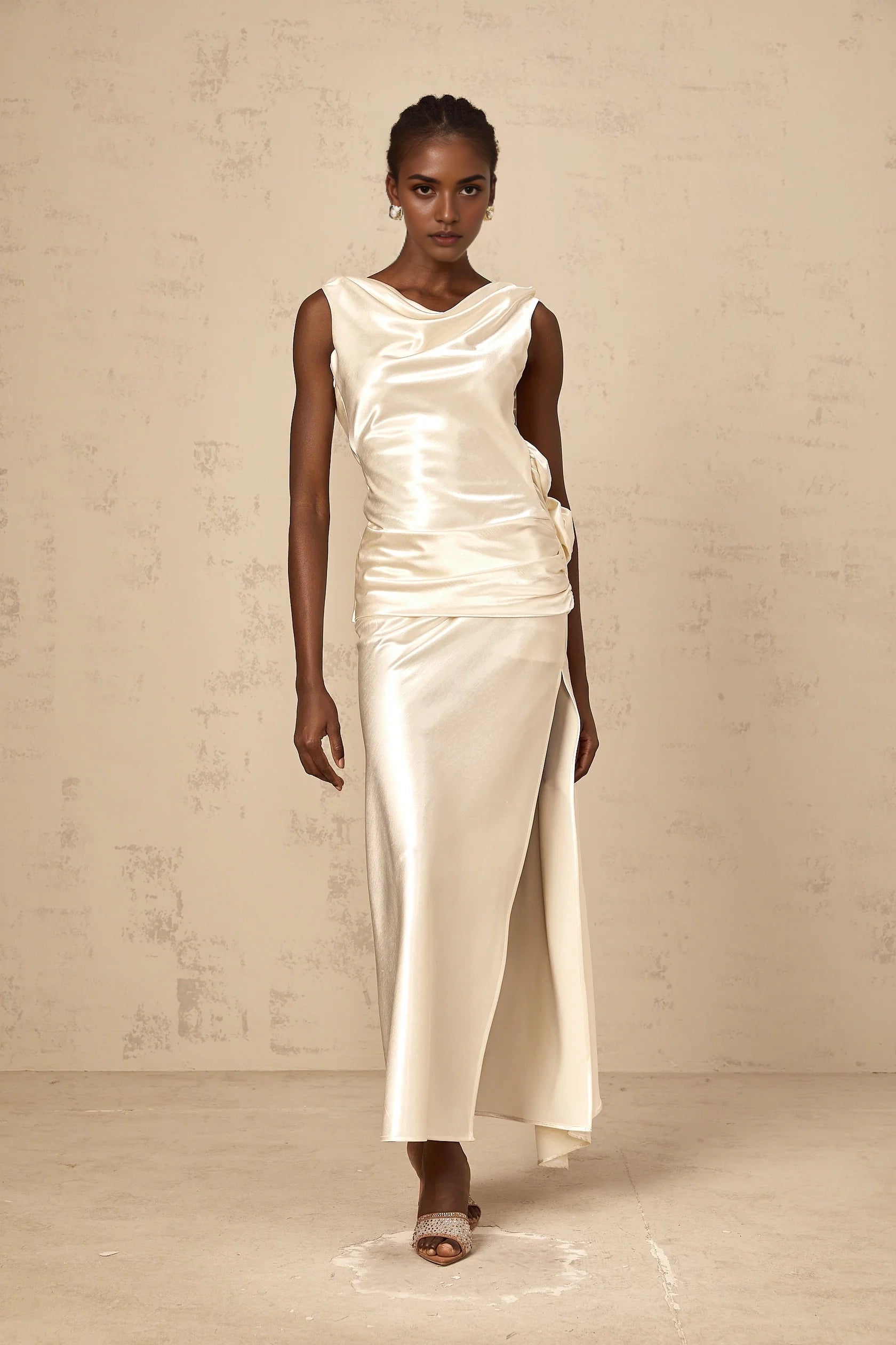 Ivory Satin Open - Back Maxi Dress with Side Slit white flower backless satin midi dress