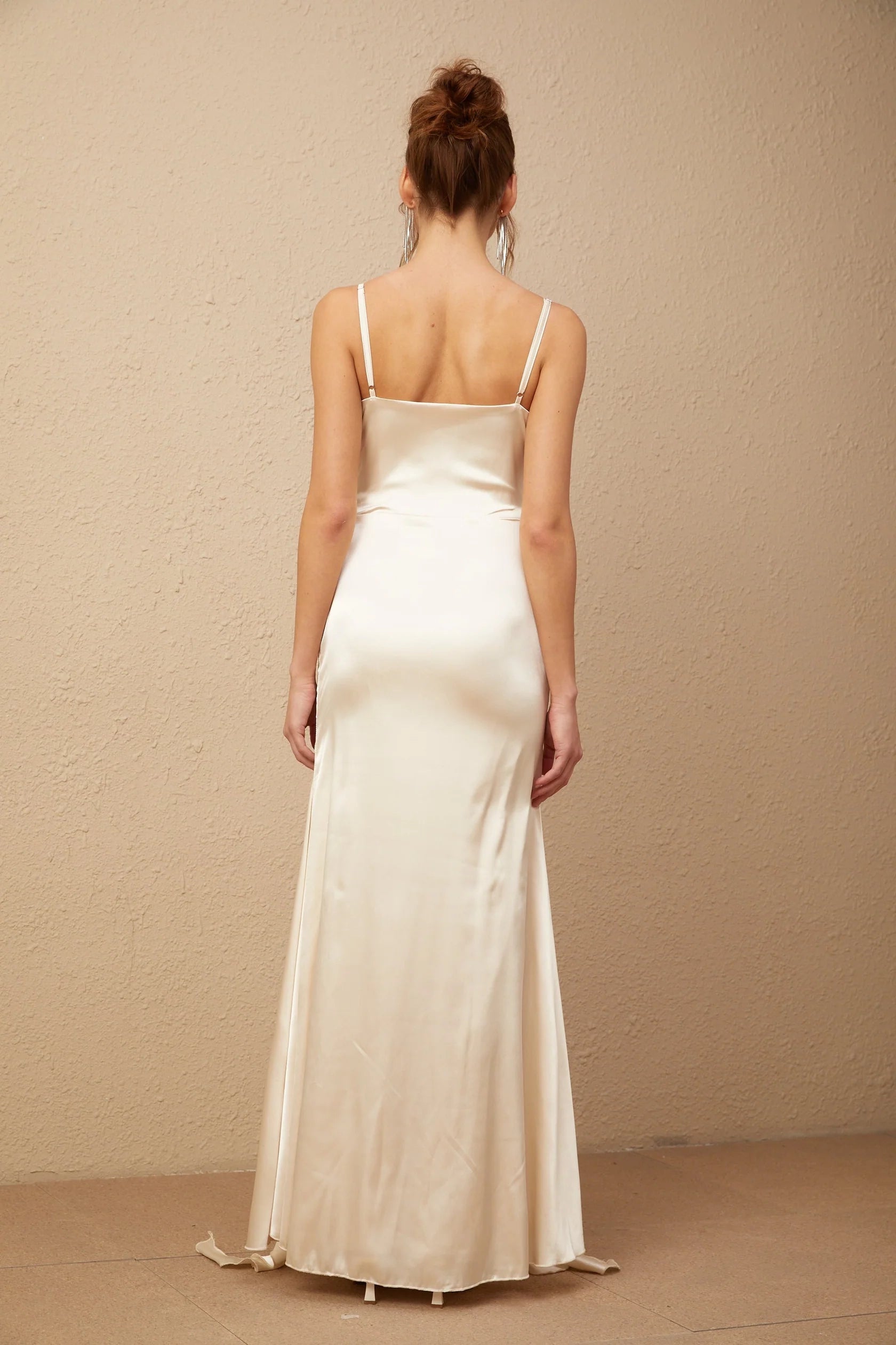 Ivory Satin Spaghetti Strap Maxi Dress with Floral Detail  floral-appliqué corset satin maxi dress Evening Dress