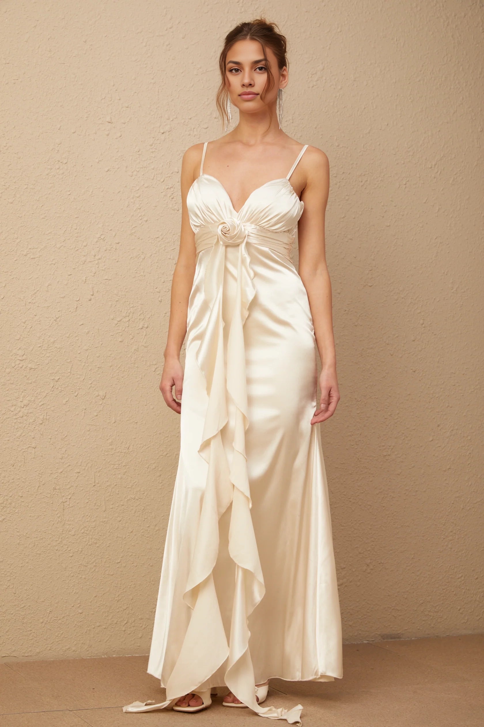 Ivory Satin Spaghetti Strap Maxi Dress with Floral Detail  floral-appliqué corset satin maxi dress Evening Dress