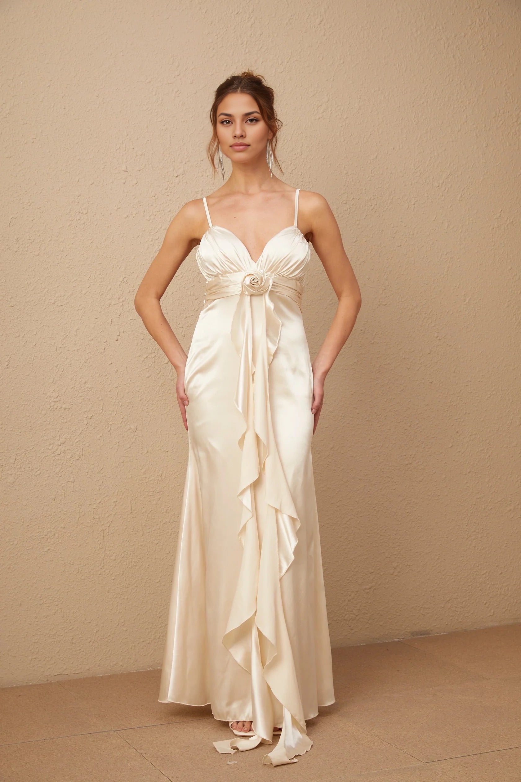 Ivory Satin Spaghetti Strap Maxi Dress with Floral Detail  floral-appliqué corset satin maxi dress Evening Dress