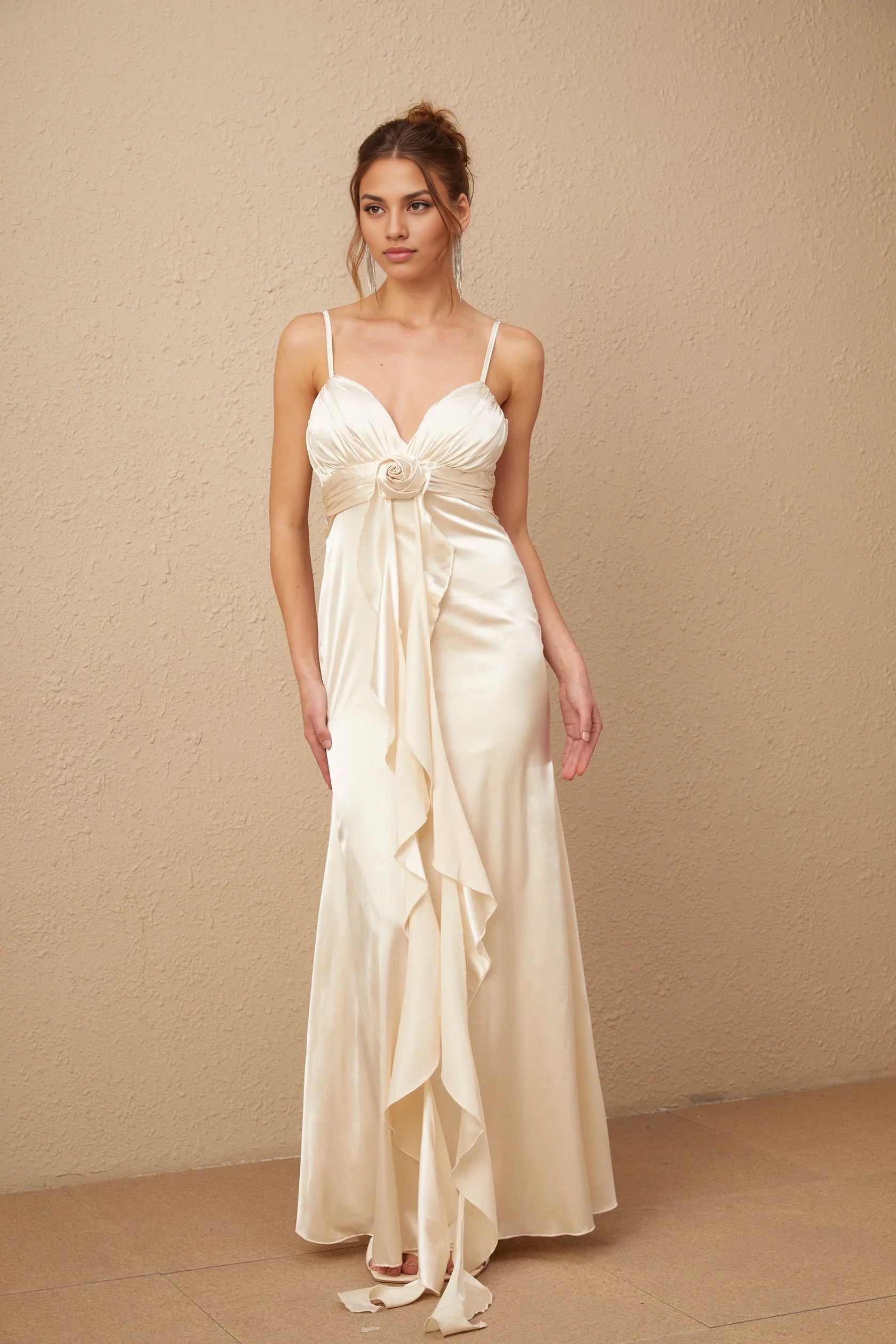 Ivory Satin Spaghetti Strap Maxi Dress with Floral Detail  floral-appliqué corset satin maxi dress Evening Dress