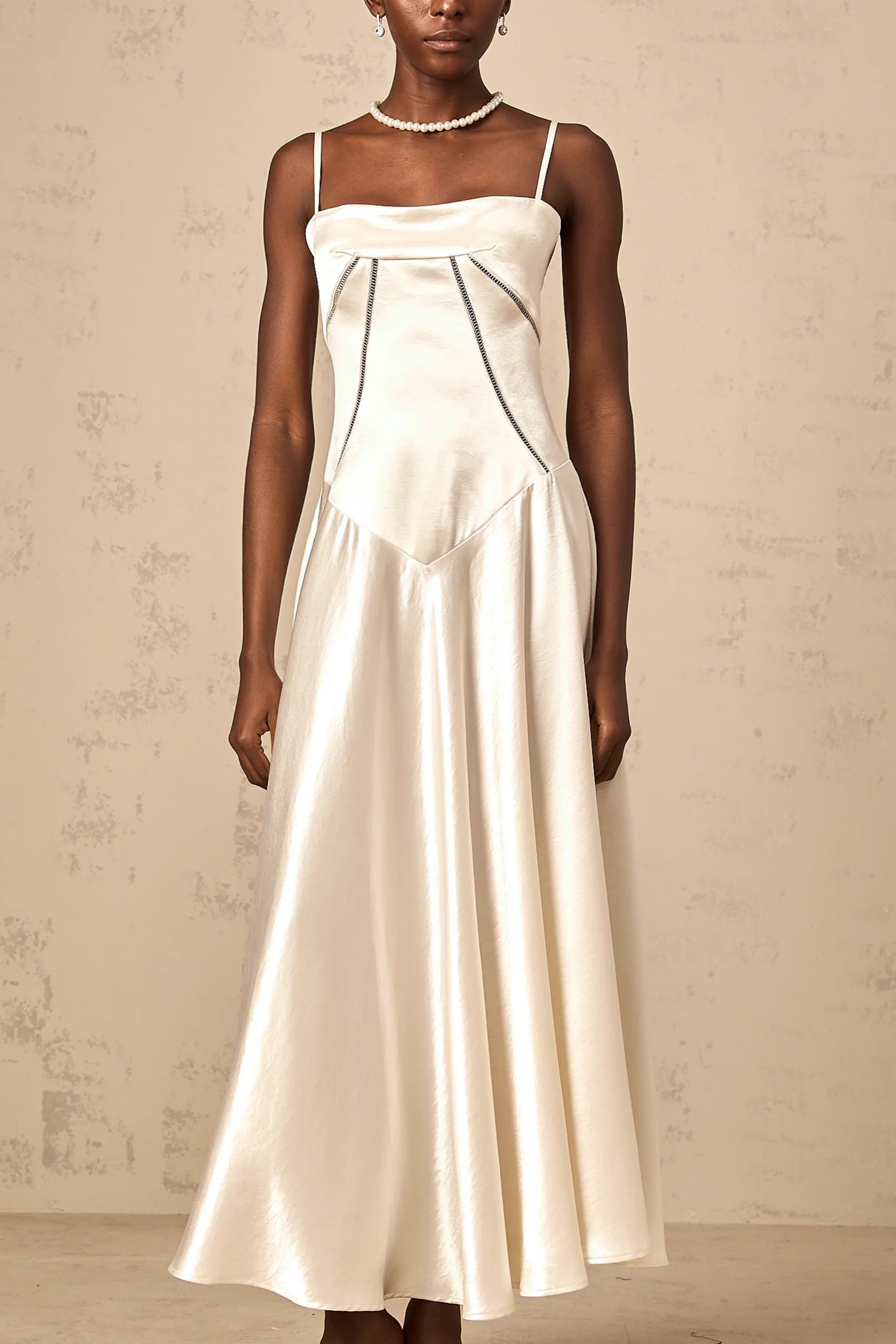 Ivory Satin Strappy Maxi Dress with Lace - Up Back white flared satin maxi dress Evening Dress