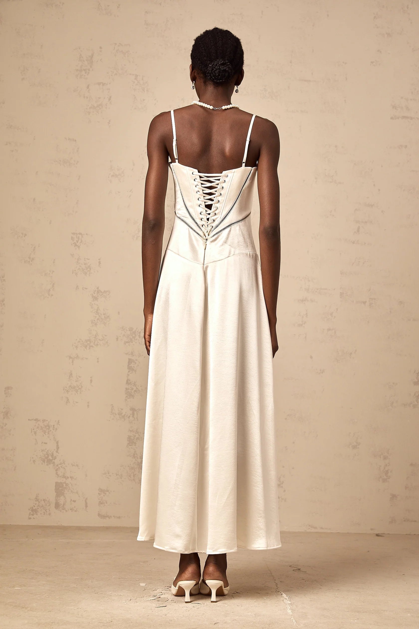 Ivory Satin Strappy Maxi Dress with Lace - Up Back white flared satin maxi dress Evening Dress