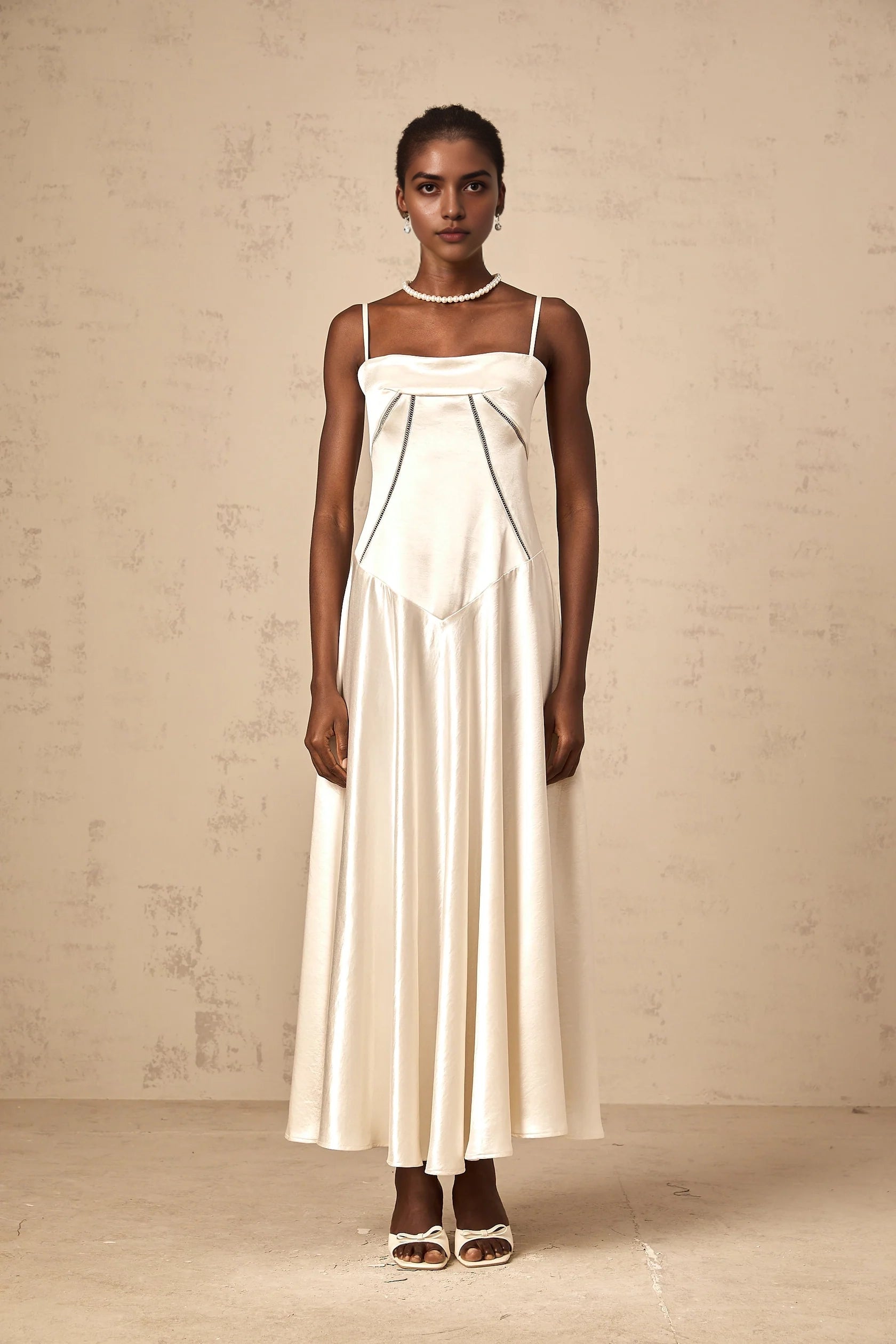 Ivory Satin Strappy Maxi Dress with Lace - Up Back white flared satin maxi dress Evening Dress