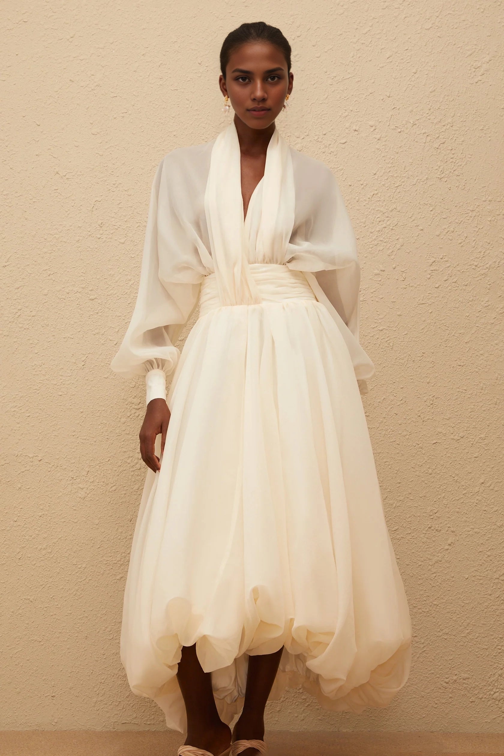 Ivory Sheer Puff Sleeve High - Low Midi Dress Riley Cream White Draped Tulle Maxi Dress Evening Dress