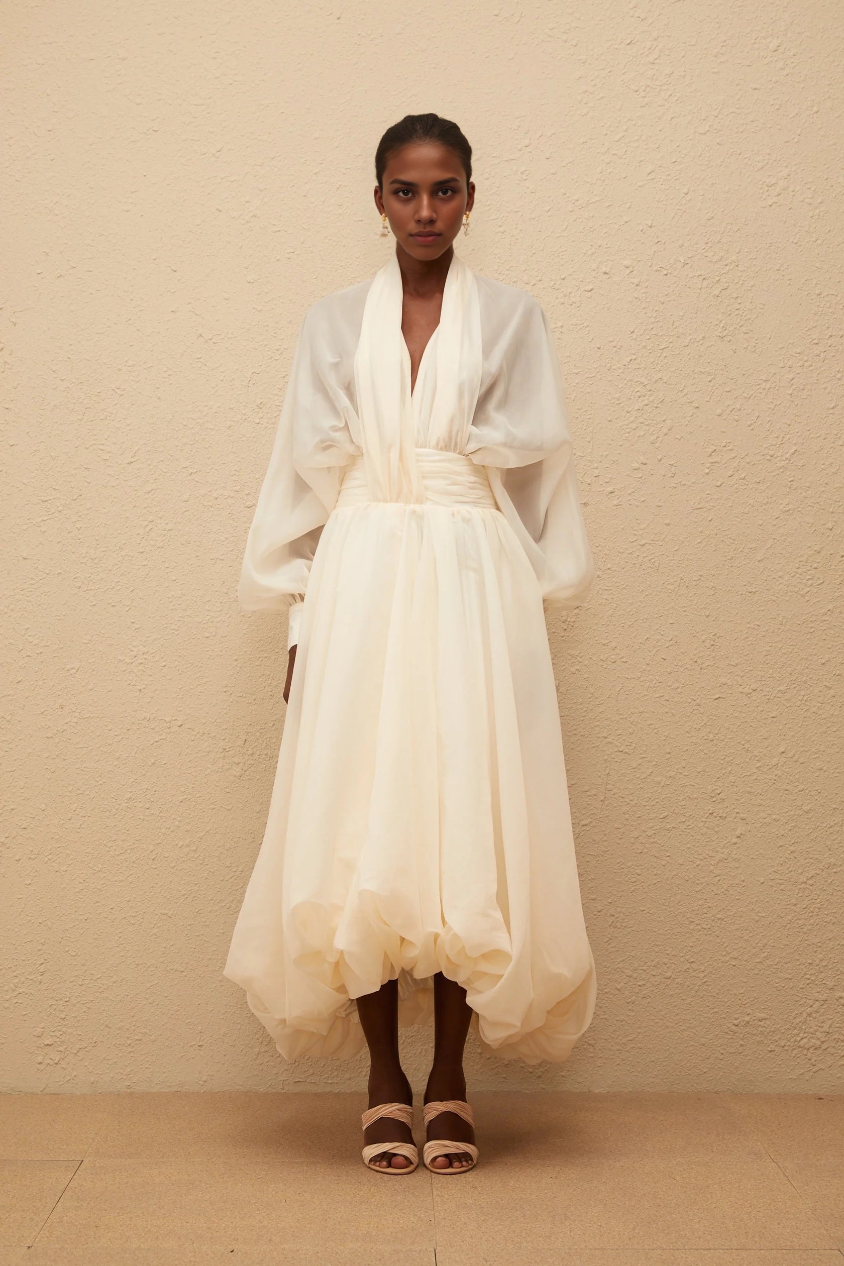 Ivory Sheer Puff Sleeve High - Low Midi Dress Riley Cream White Draped Tulle Maxi Dress Evening Dress