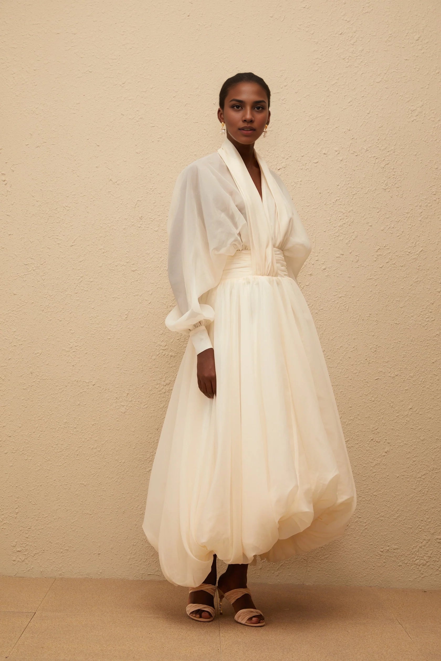 Ivory Sheer Puff Sleeve High - Low Midi Dress Riley Cream White Draped Tulle Maxi Dress Evening Dress