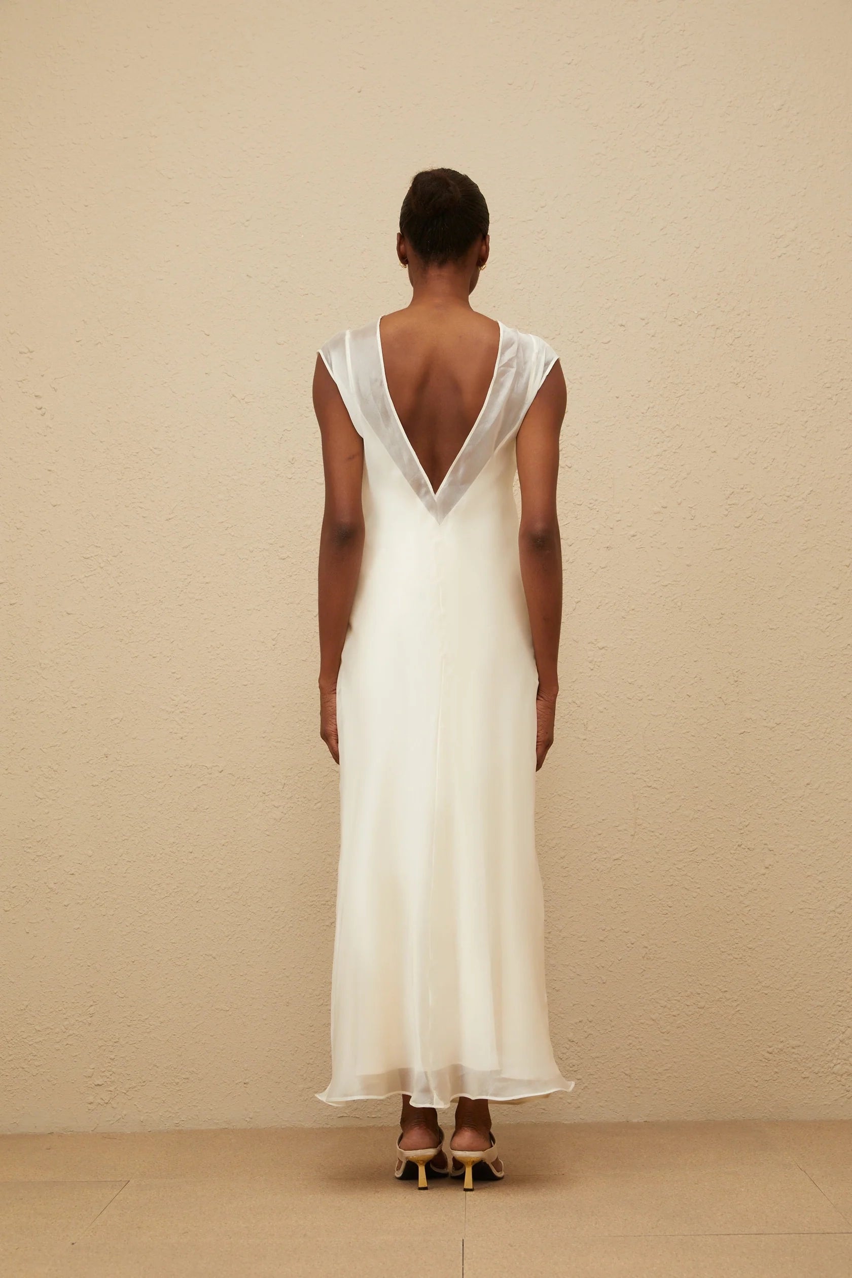 Ivory Sheer Dress with Open Back White Flared Tulle Maxi Dress Evening Dress