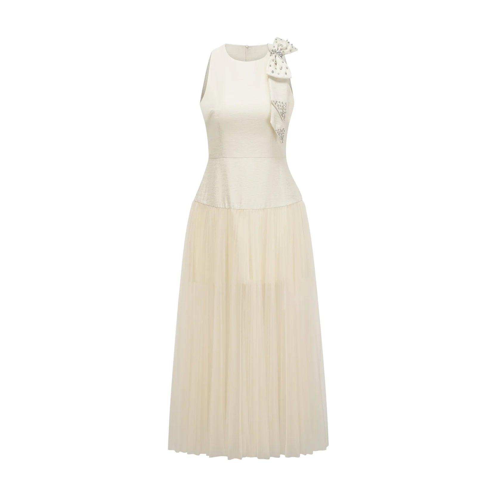 Ivory Sleeveless Maxi Dress with Crystal Bow and Tulle Skirt bowknot tulle-panelling midi dress in White Evening Dress