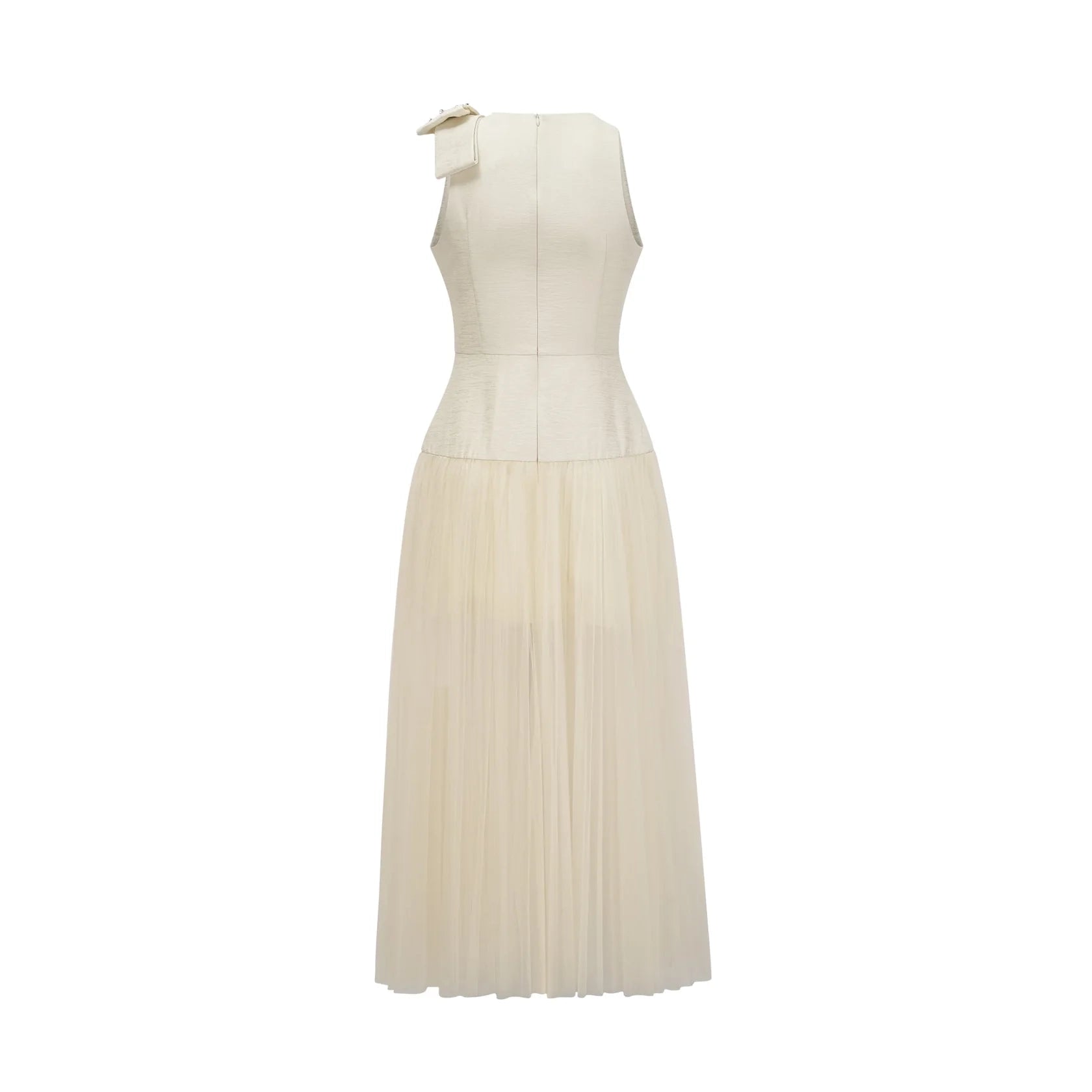 Ivory Sleeveless Maxi Dress with Crystal Bow and Tulle Skirt bowknot tulle-panelling midi dress in White Evening Dress