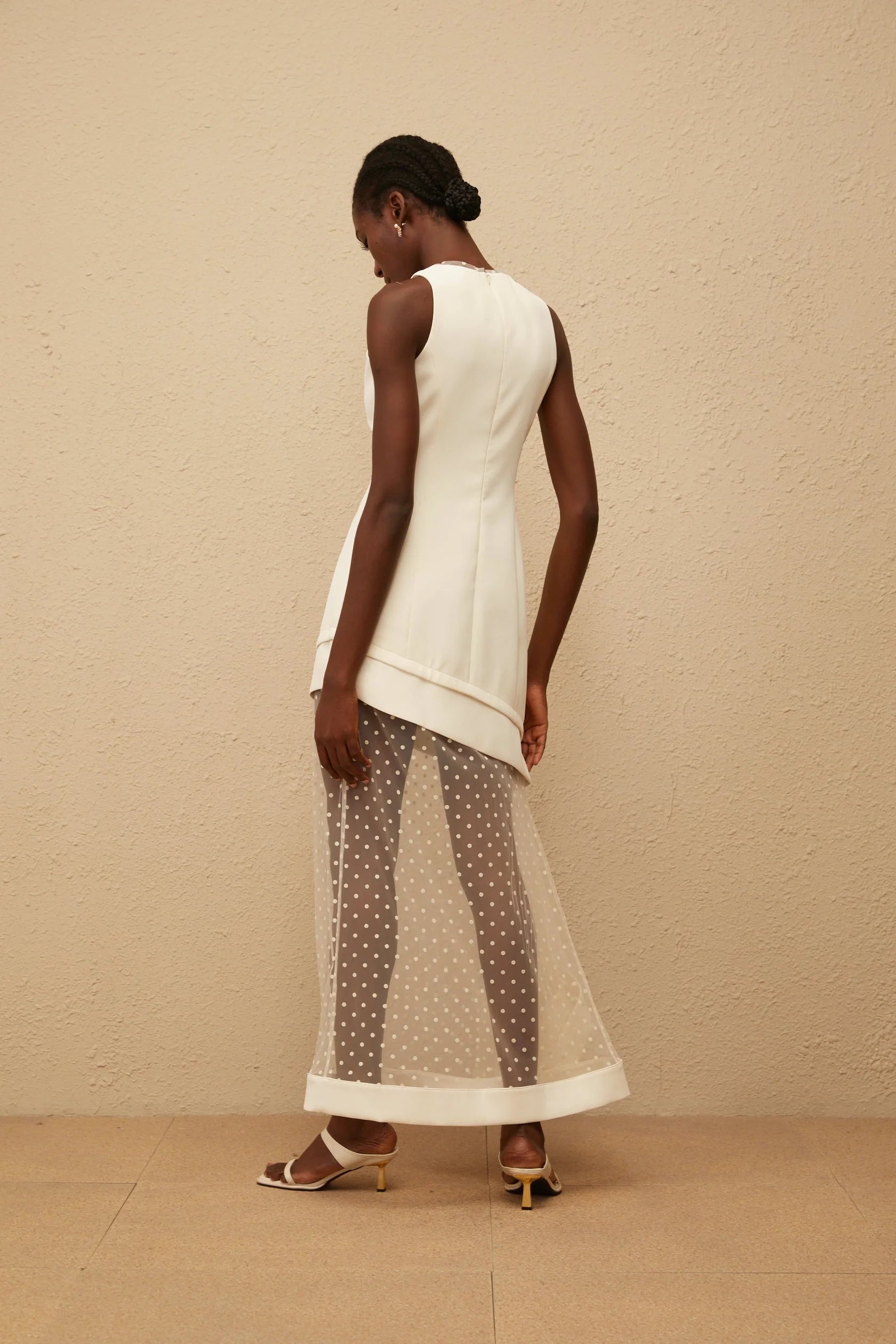 Ivory Sleeveless Maxi Dress with Polka Dot Mesh Overlay White Polka Dot Tulle Panel Maxi Dress Evening Dress