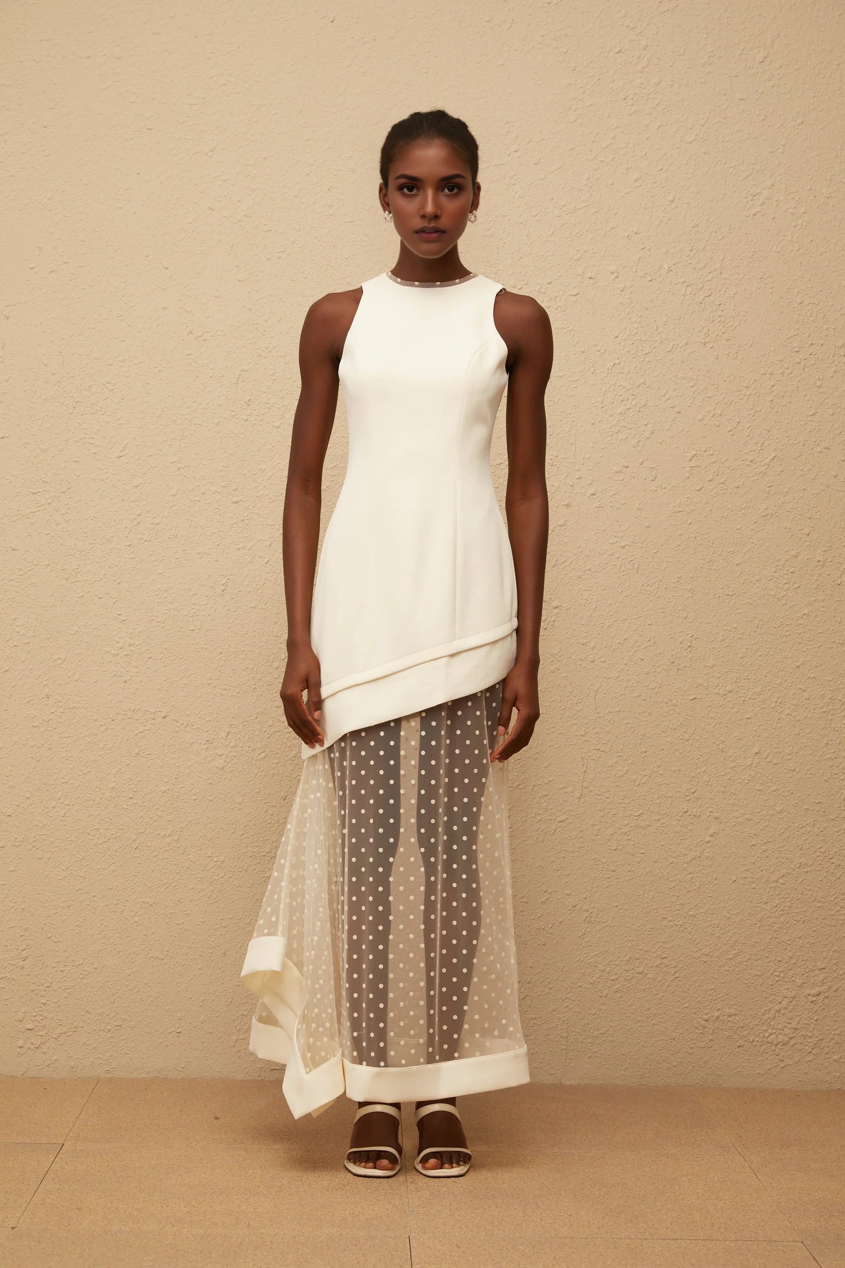 Ivory Sleeveless Maxi Dress with Polka Dot Mesh Overlay White Polka Dot Tulle Panel Maxi Dress Evening Dress