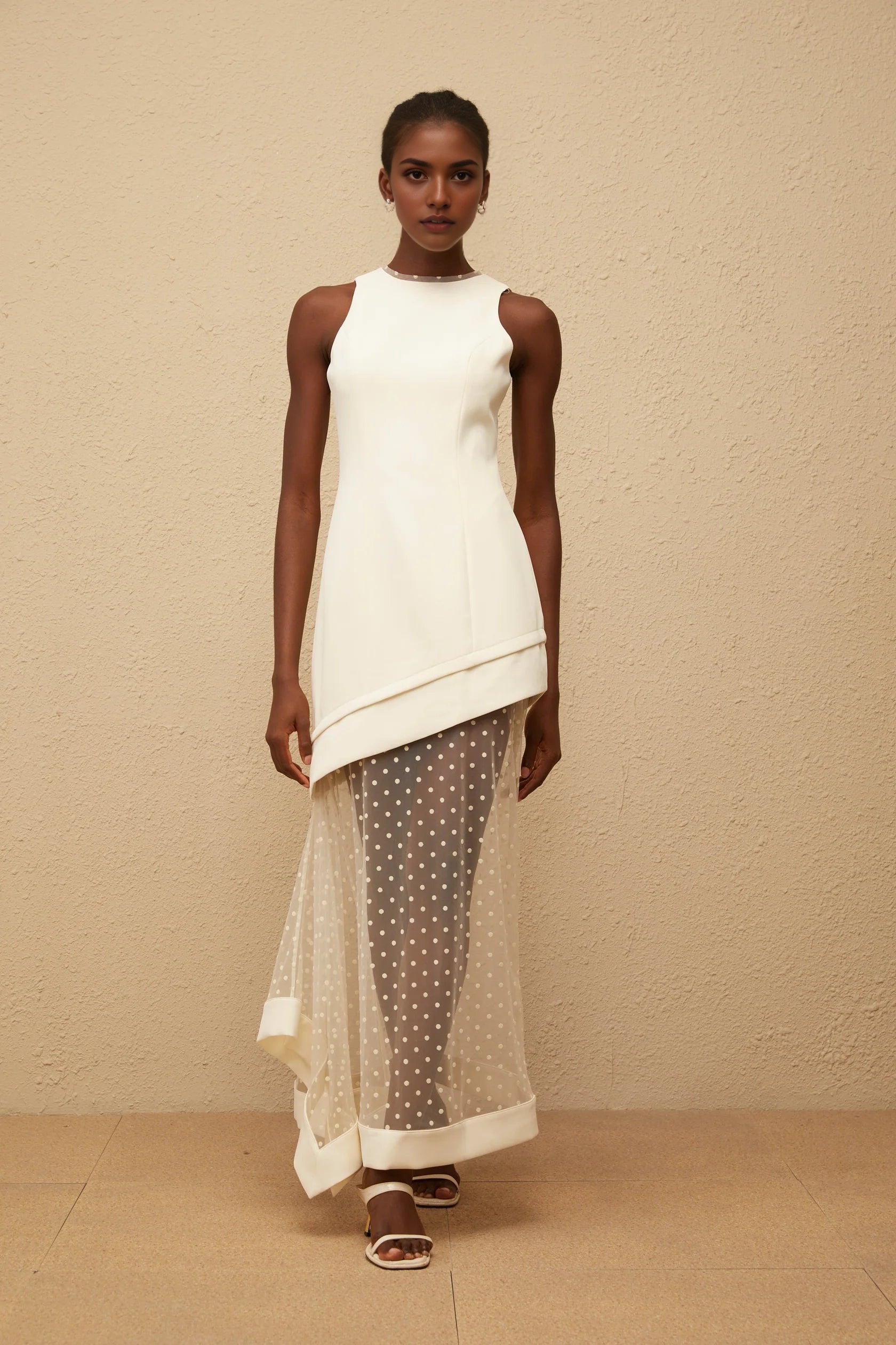 Ivory Sleeveless Maxi Dress with Polka Dot Mesh Overlay White Polka Dot Tulle Panel Maxi Dress Evening Dress