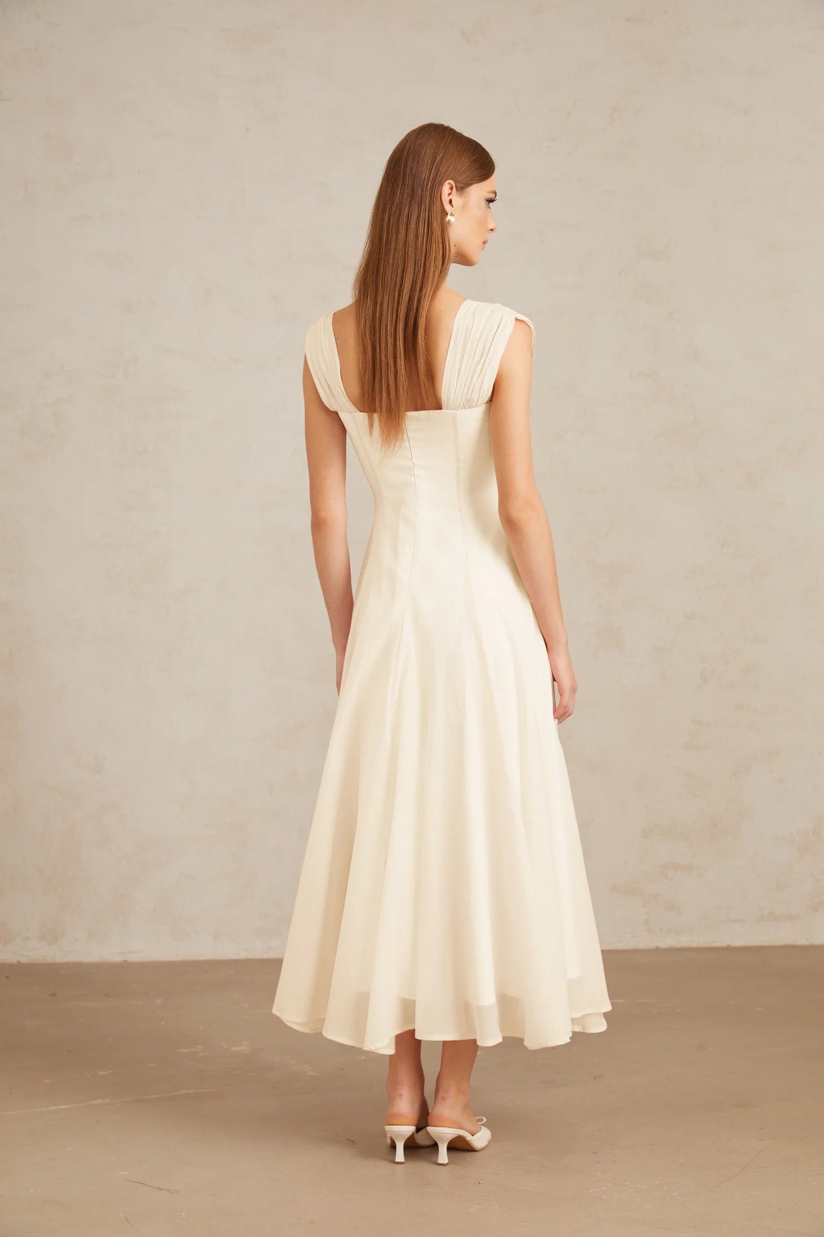 Ivory Square Neck Midi Dress with Pleated Shoulders Cream White Flounced Midi dress   Evening Dress